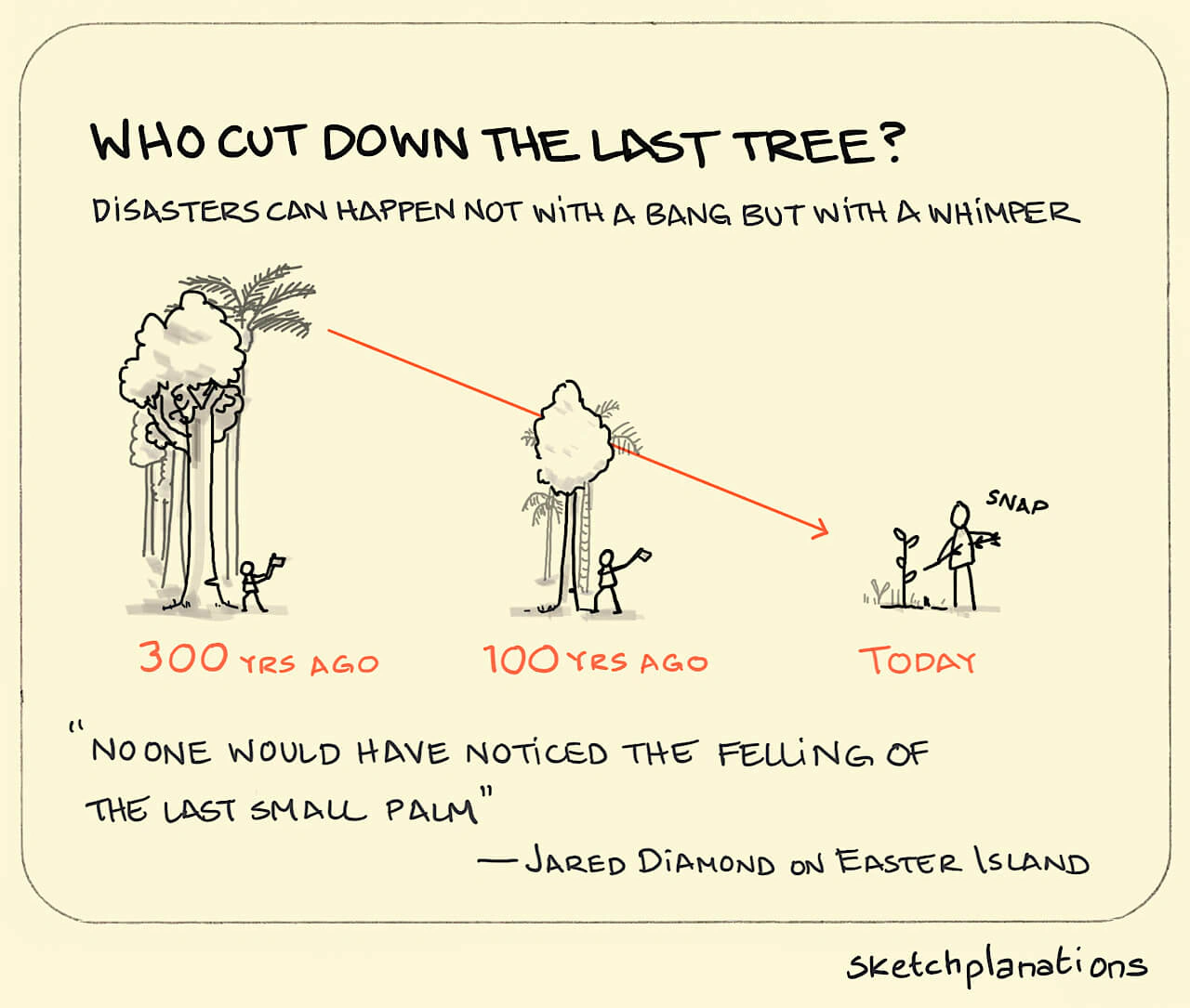 Who cut down the last tree illustration: 300 years ago we see someone cutting down a tree with an axe in a large dense forest. 100 years ago we see someone cutting down a tree in a now much more sparse forest. Today, there's only a small sapling left, and someone just snapped a branch off it. So what next?