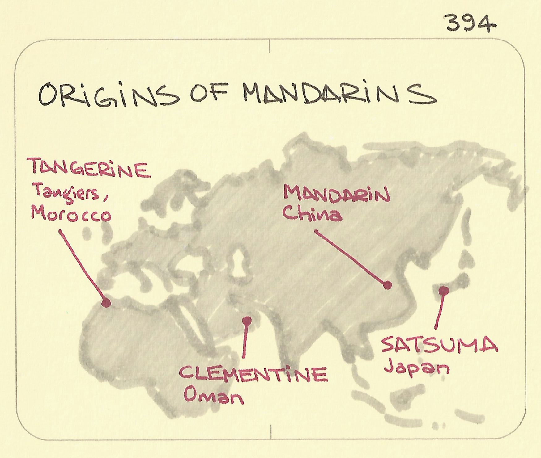 Origins of mandarins world map: including Tangerine from Tangiers, Morocco, Mandarin from China, Clementine from Oman and Satsuma from Japan
