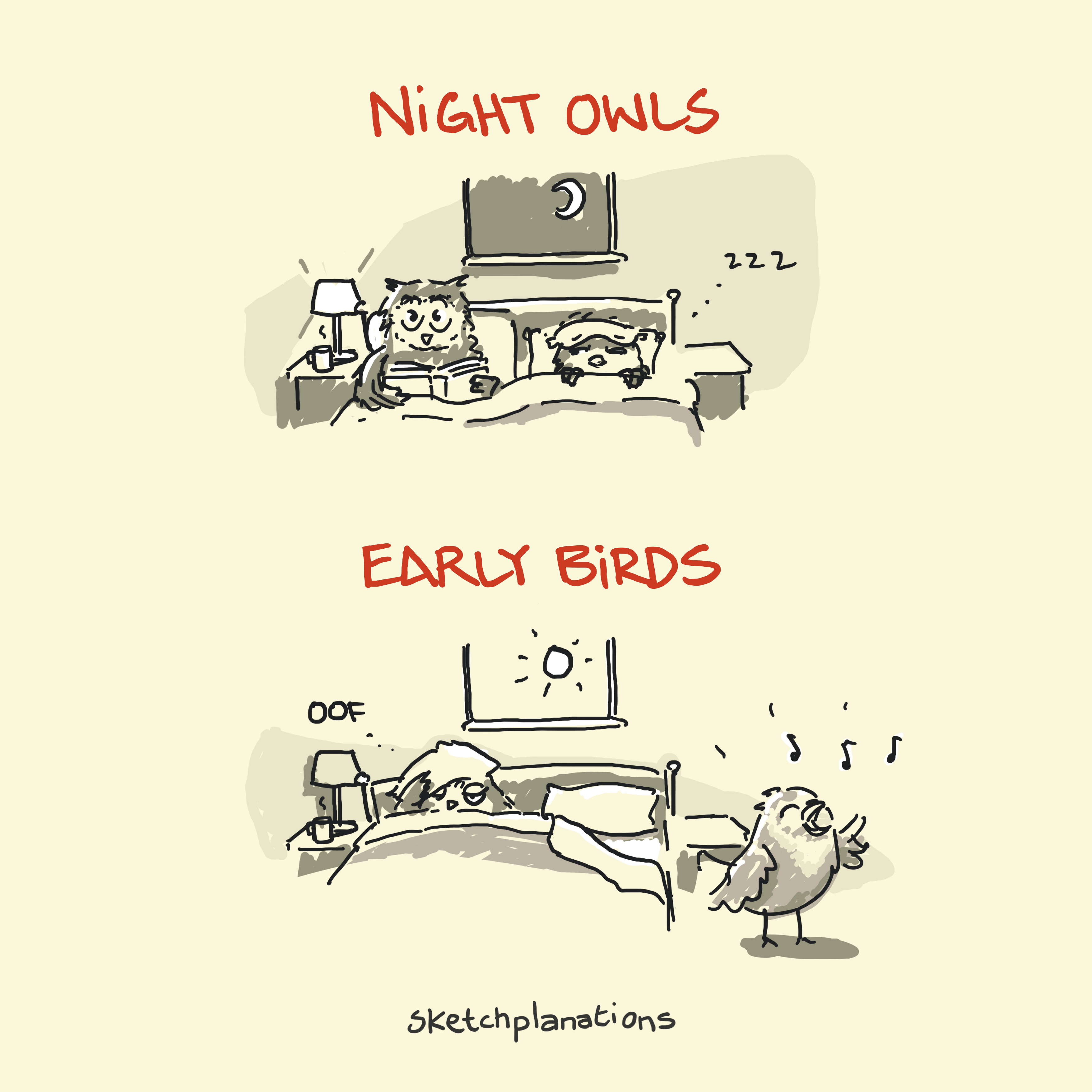 Night owls and early birds couple trying to sleep and get on with things at the same time