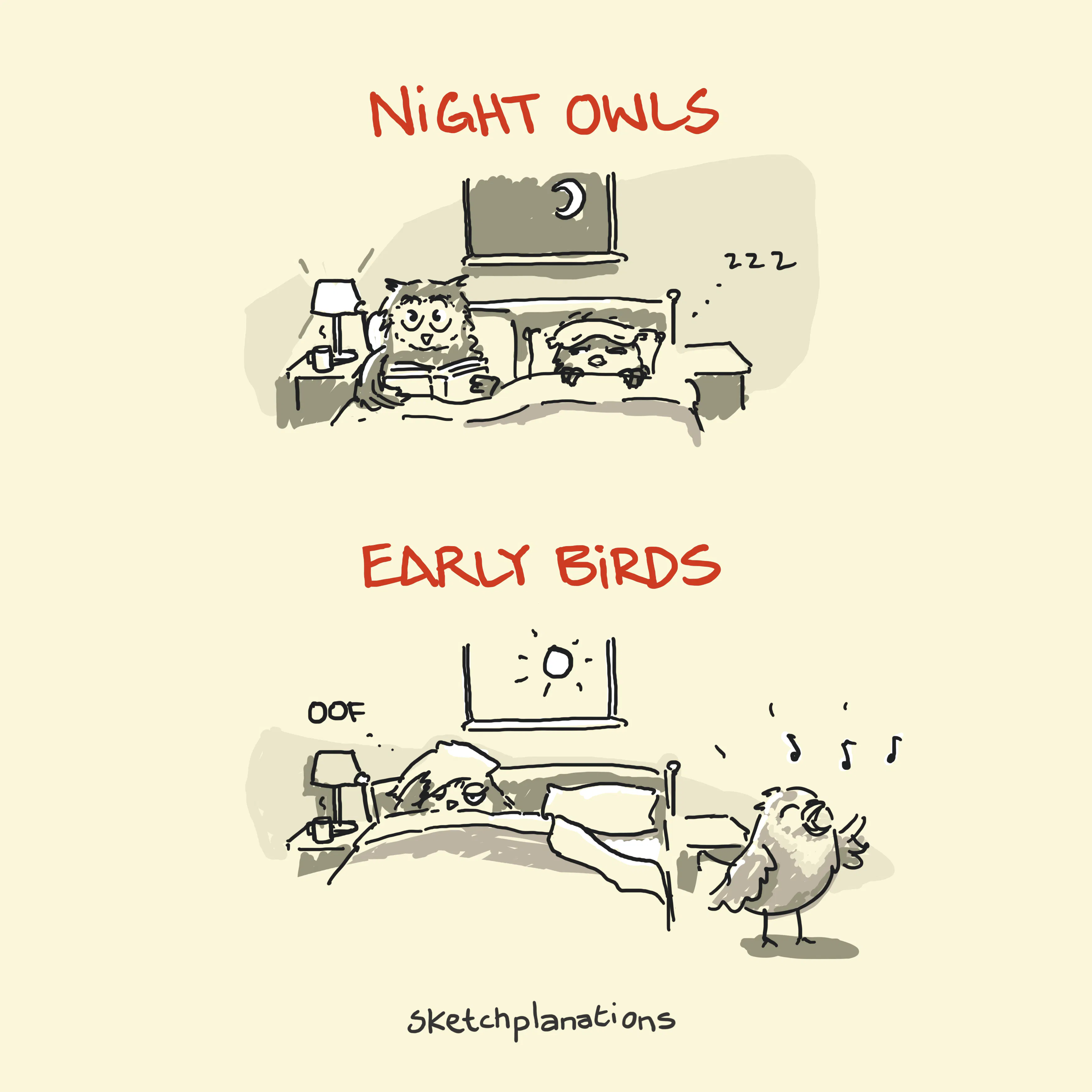 Night owls and early birds couple trying to sleep and get on with things at the same time