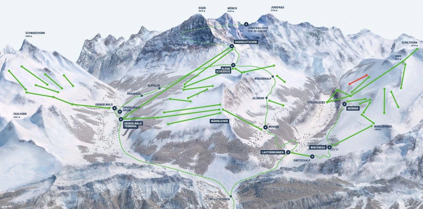 Map detailing the ski areas at Grindelwald Ski Resort