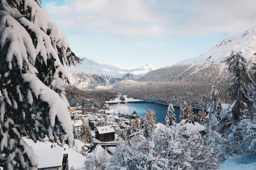 Snow covered pine trees surround the snowy town and lake of St. Moritz
