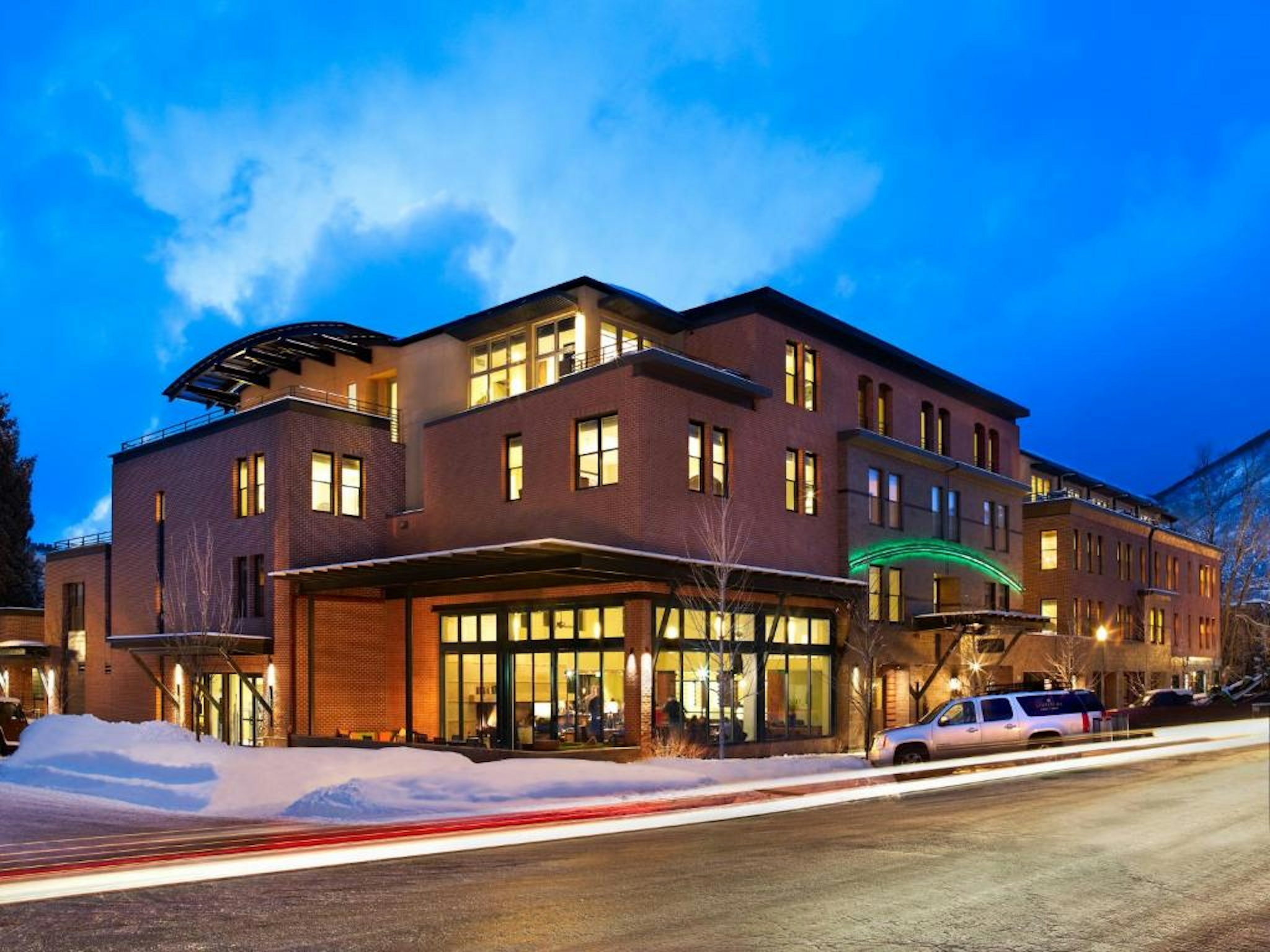 Exterior of Limelight Hotel Aspen in the winter