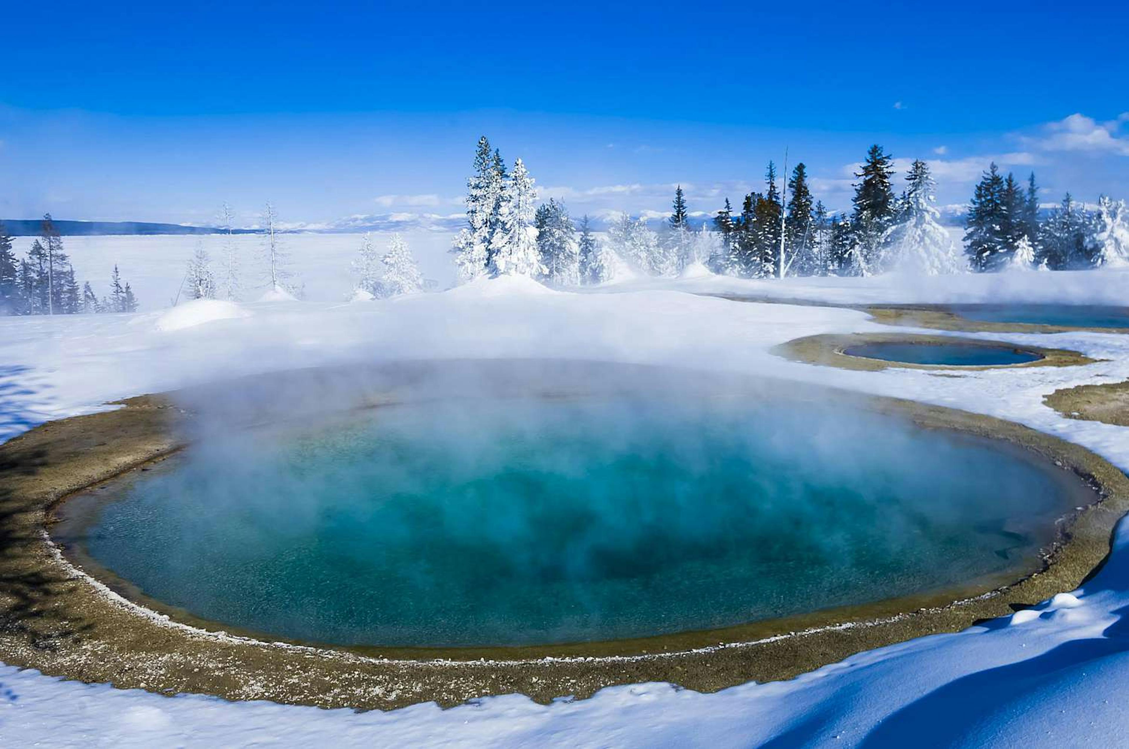 A steamy winter morning in Yellowstone National Park in Wyoming, near Big Sky in Montana, USA.