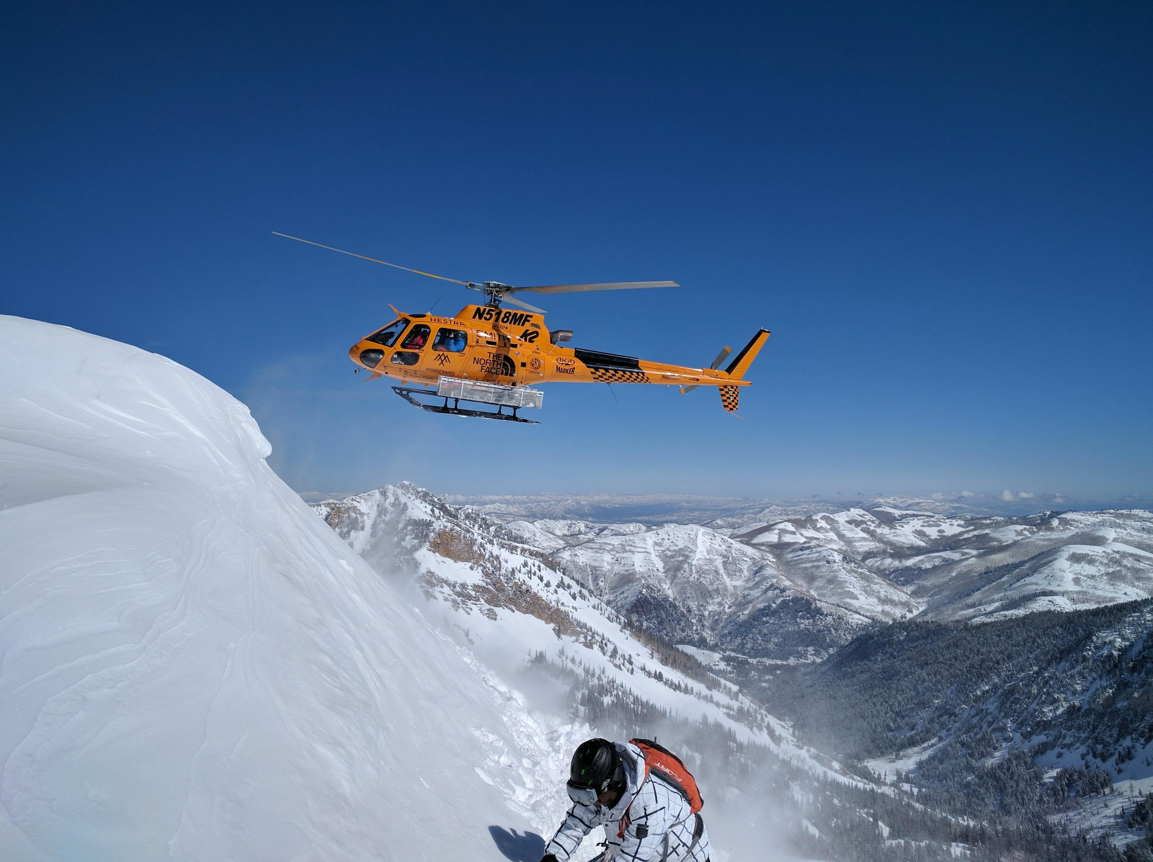 Skier hitting the slopes with the help of a Utah Powder Birds helicopter in Utah, United States.