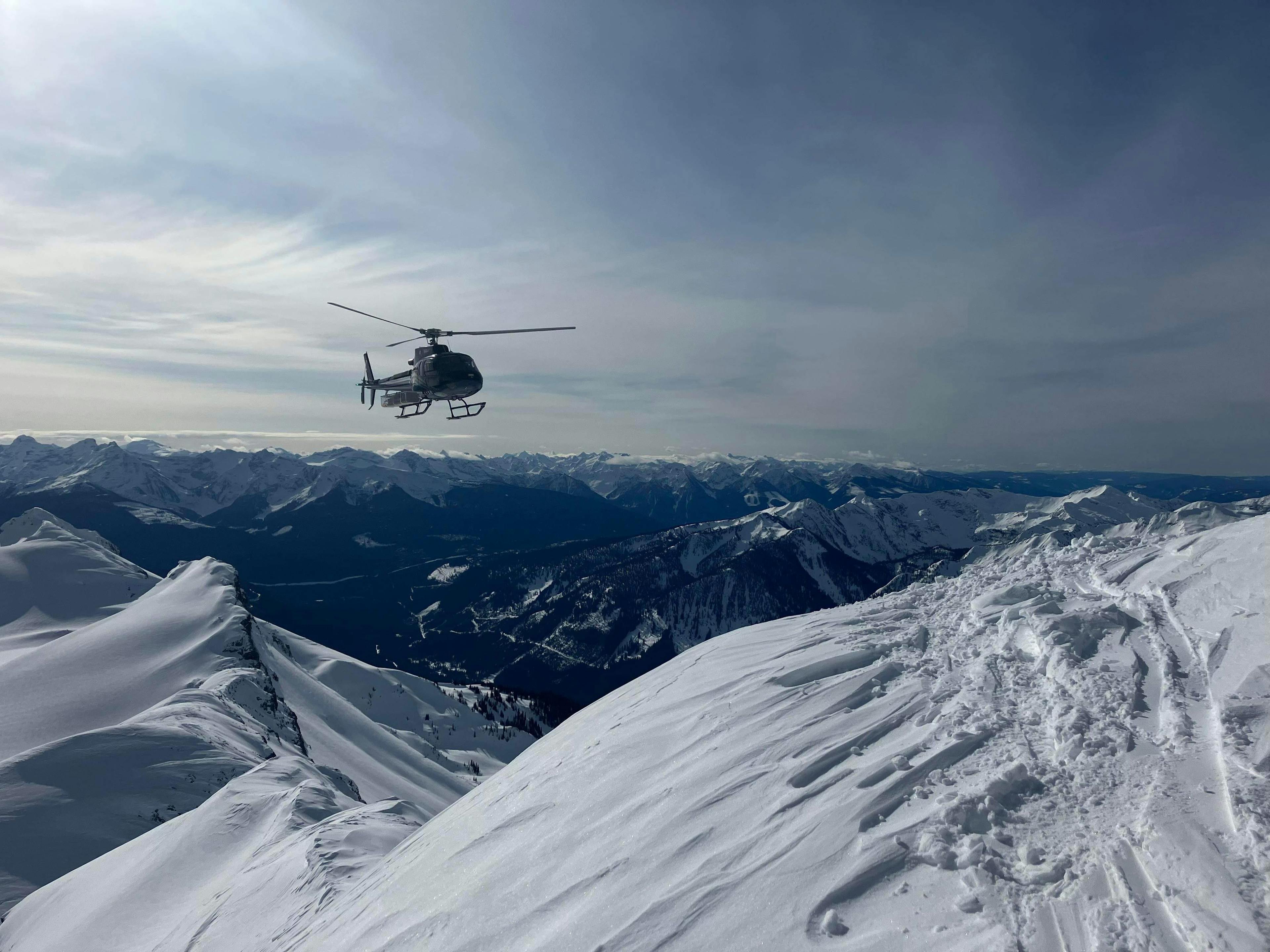 A helicopter offering heli-skiing services near Eleven Lodge in Revelstoke in British Columbia, Canada.