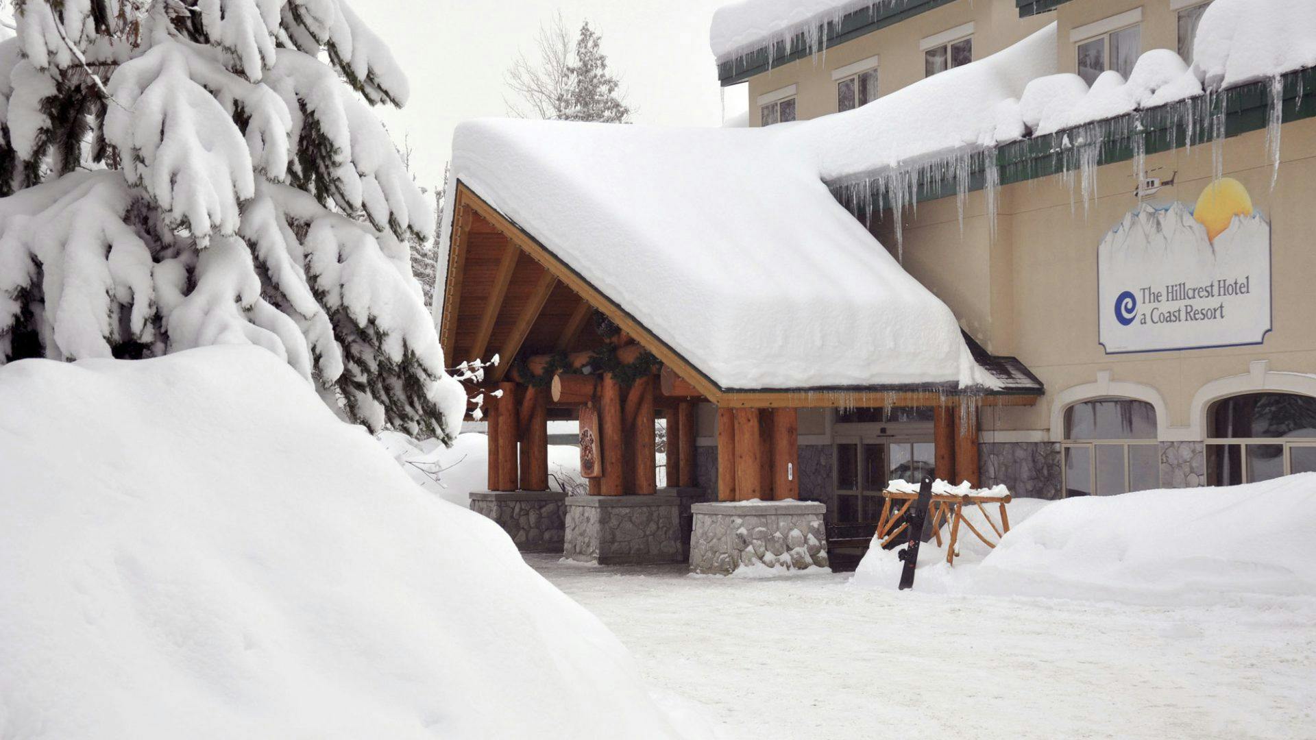 A snowy day at Hillcrest Hotel in Revelstoke in British Columbia, Canada.