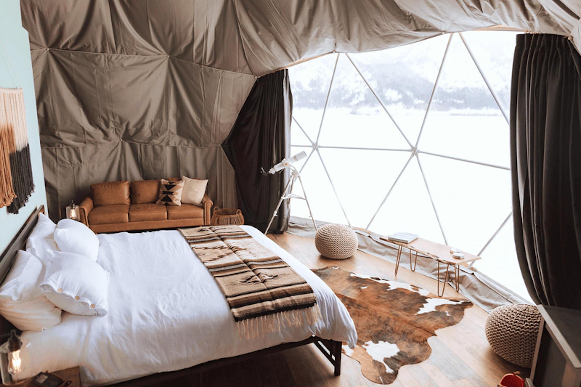 view of winter landscape from a glamping setup at tammah hotel in jackson hole wyoming