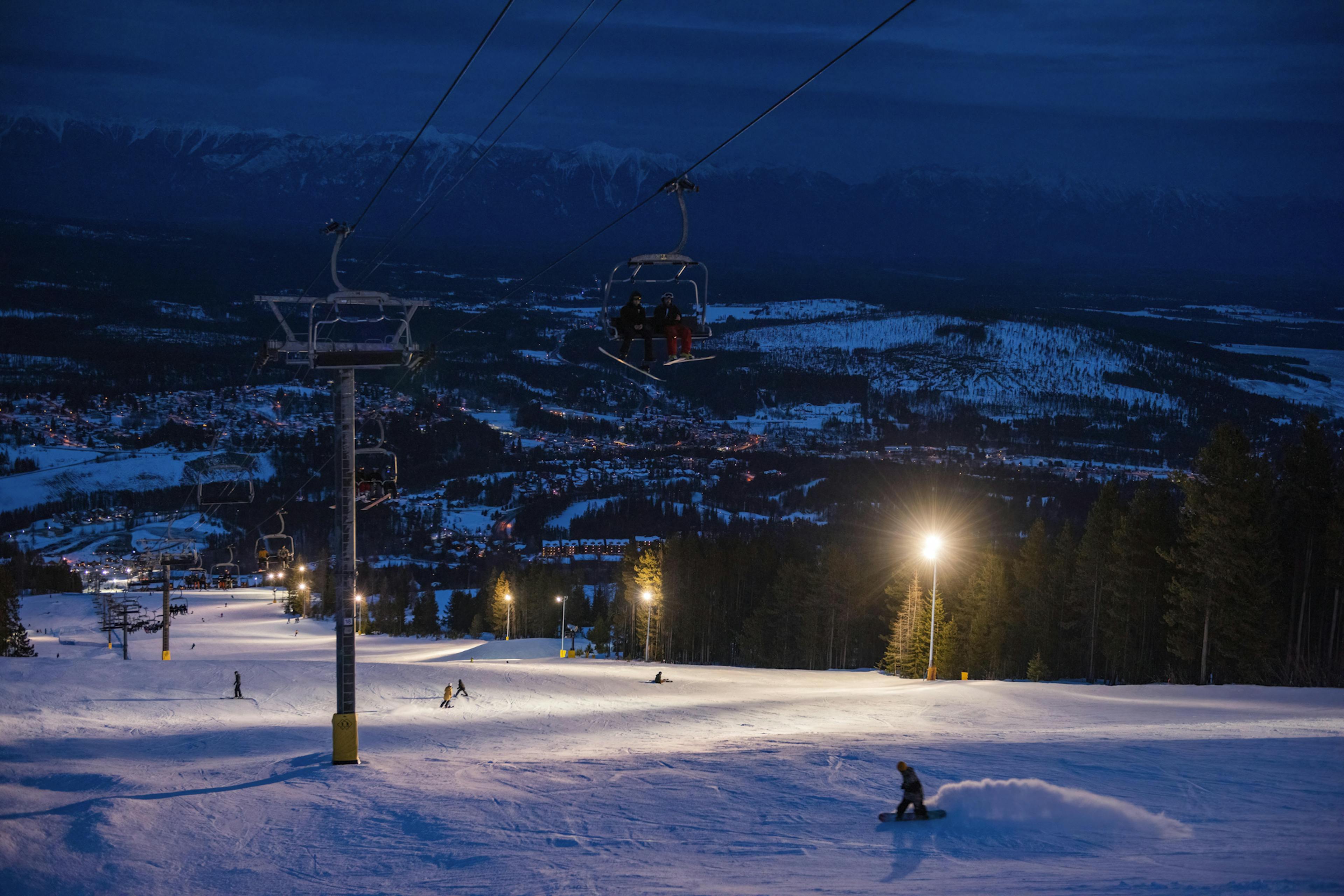 Night skiing on the slopes of Kimberley Alpine Resort in Kimberley, British Columbia, Canada.