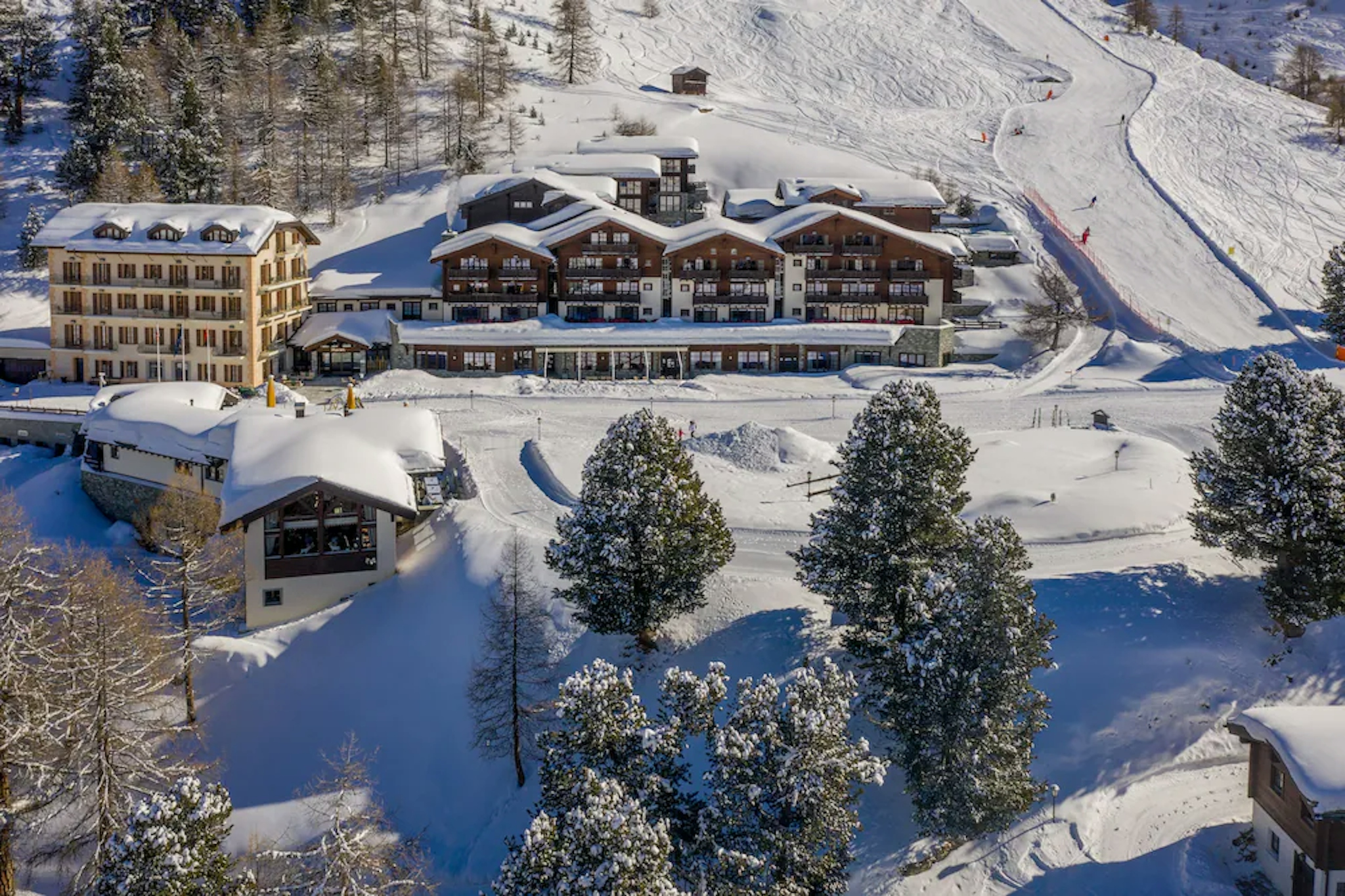 Exterior of Riffelalp Resort in winter