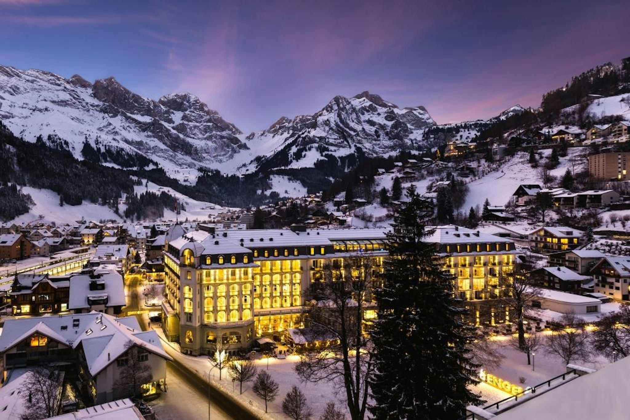 Exterior of Kempinski Palace Engelberg in winter