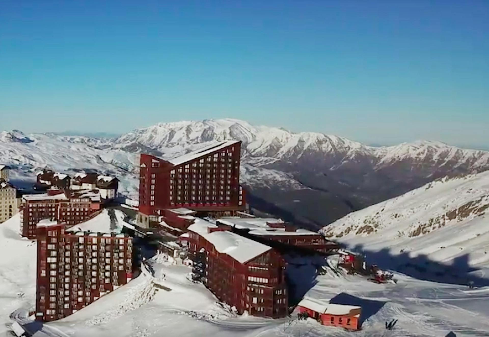 Valle Nevado Chile ski resort buildings with snowy mountain backdrop