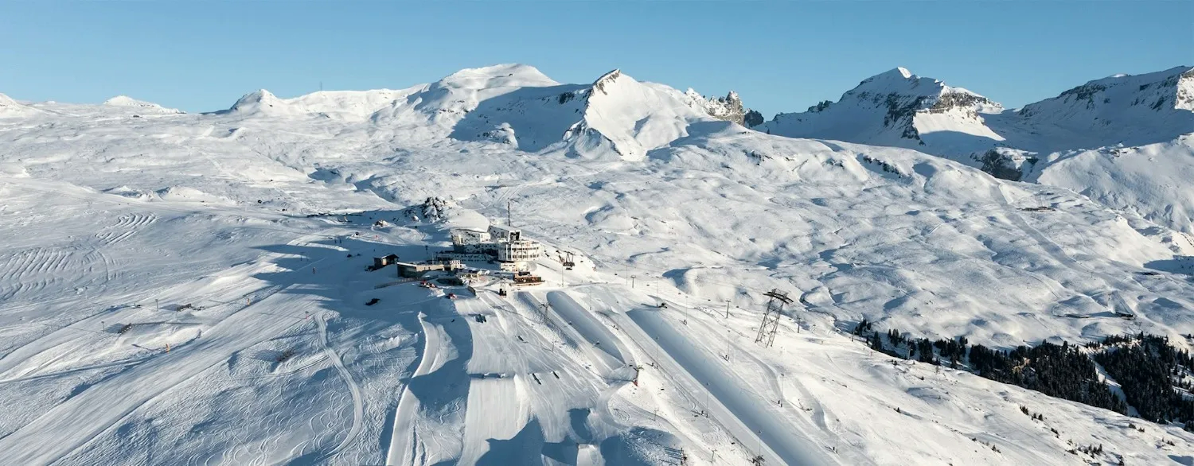 Birds eye view of snow resort laax, switzerland