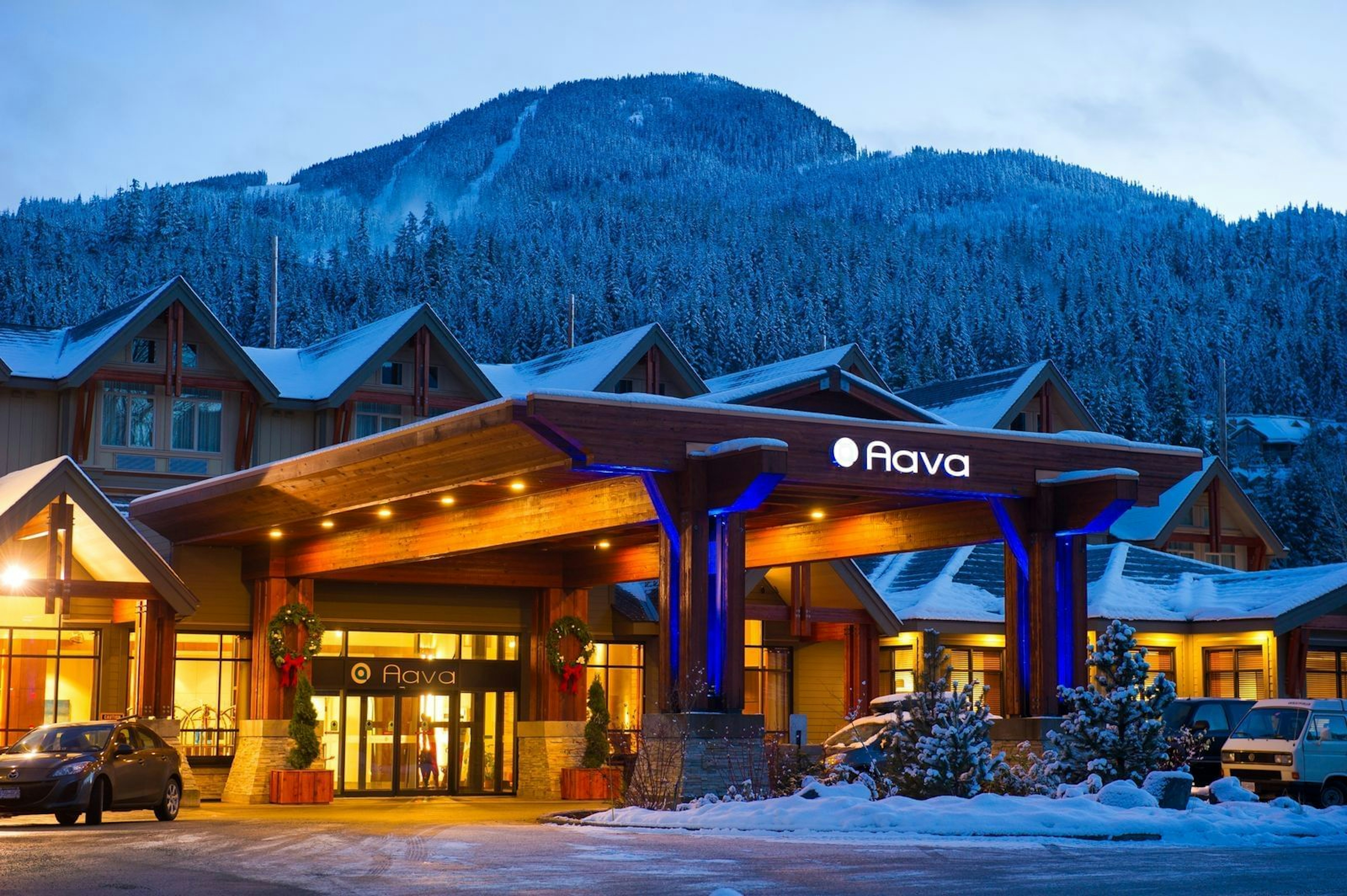 Overlook of Aava Whistler Hotel in the winter