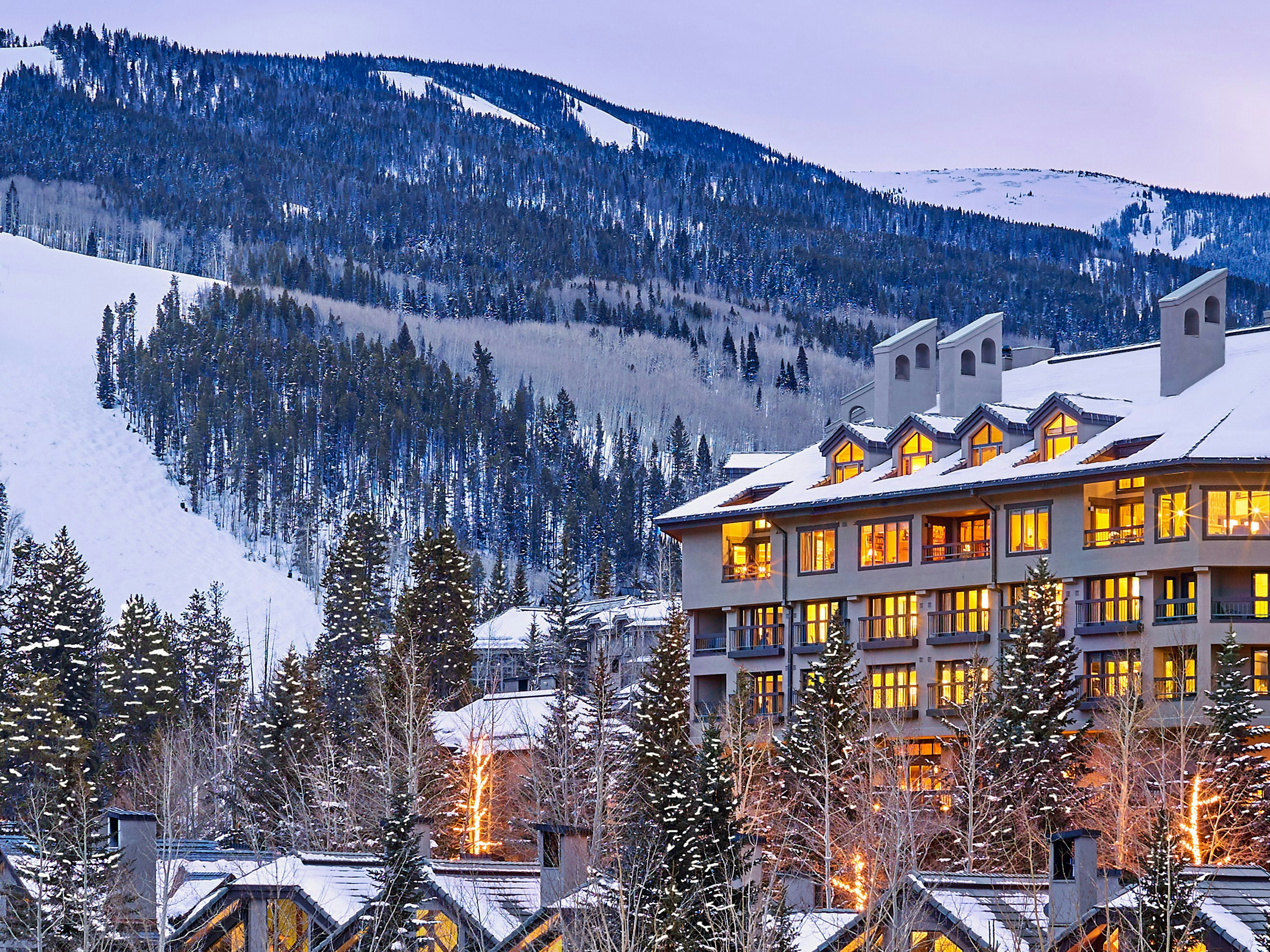 Exterior of The Pines Lodge in the winter