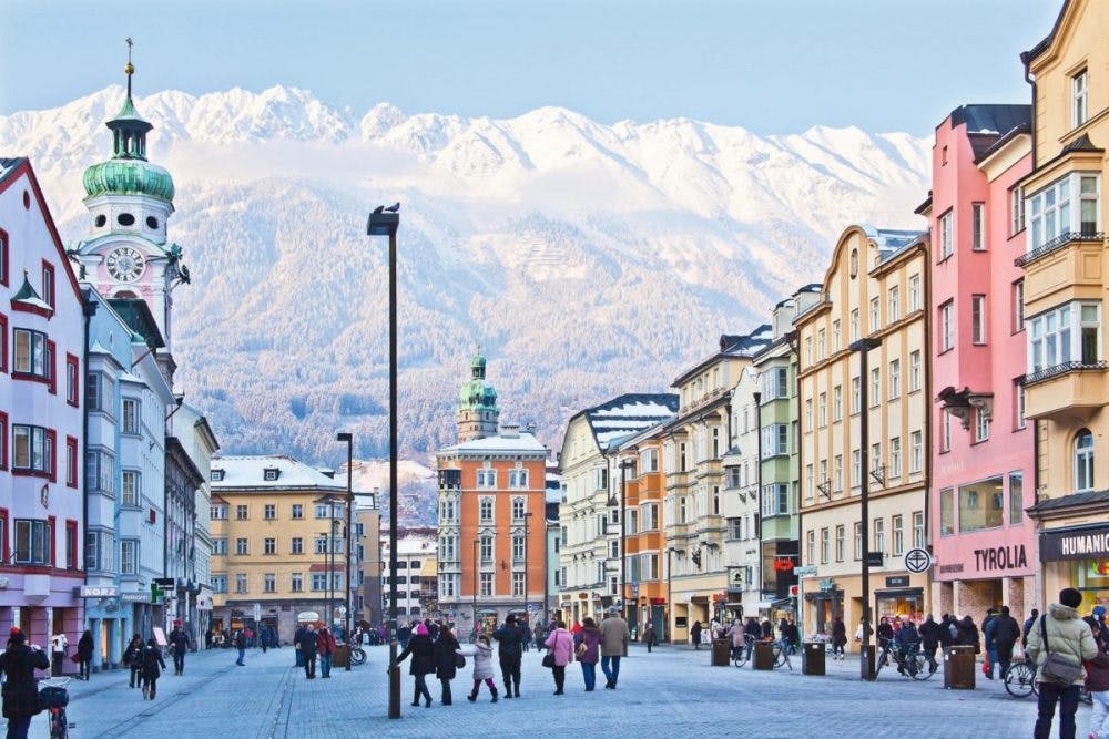 Crowded city center in the winter at Innsbruck, Austria.