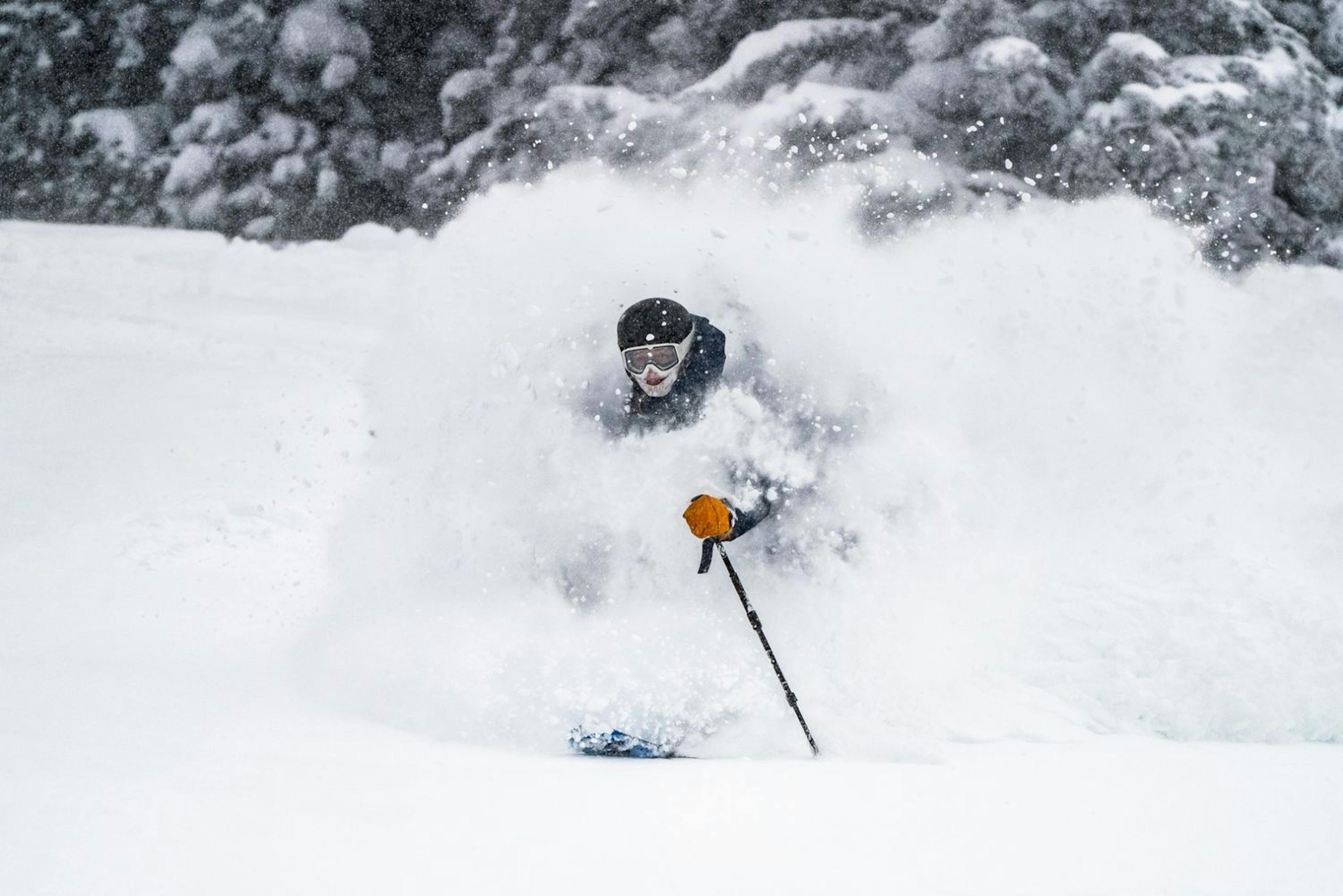 Skier skiing powder at Grand Targhee Resort.