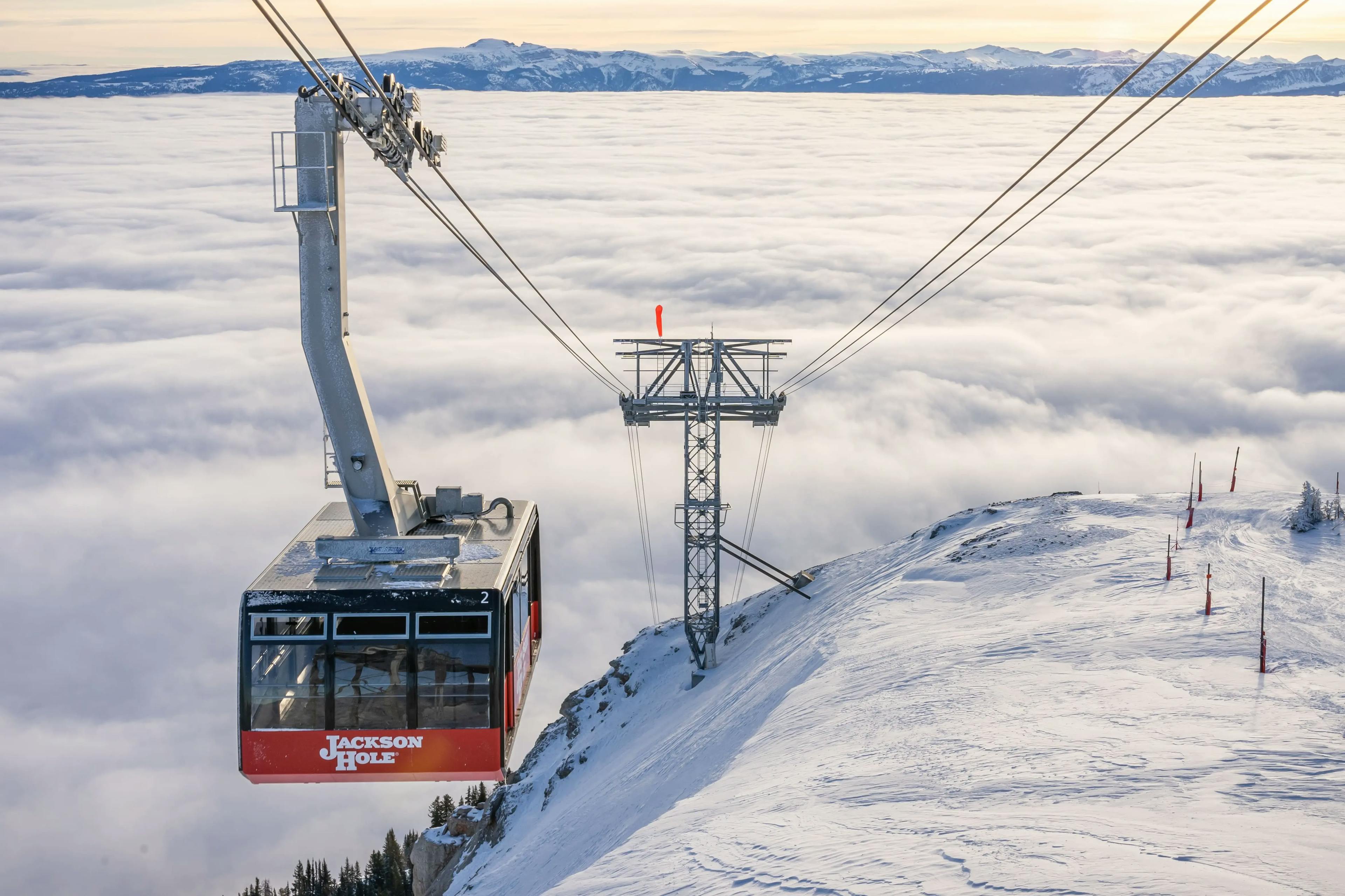 Wide angle shot of the infamous red gondola at Jackson Hole Ski Resort.