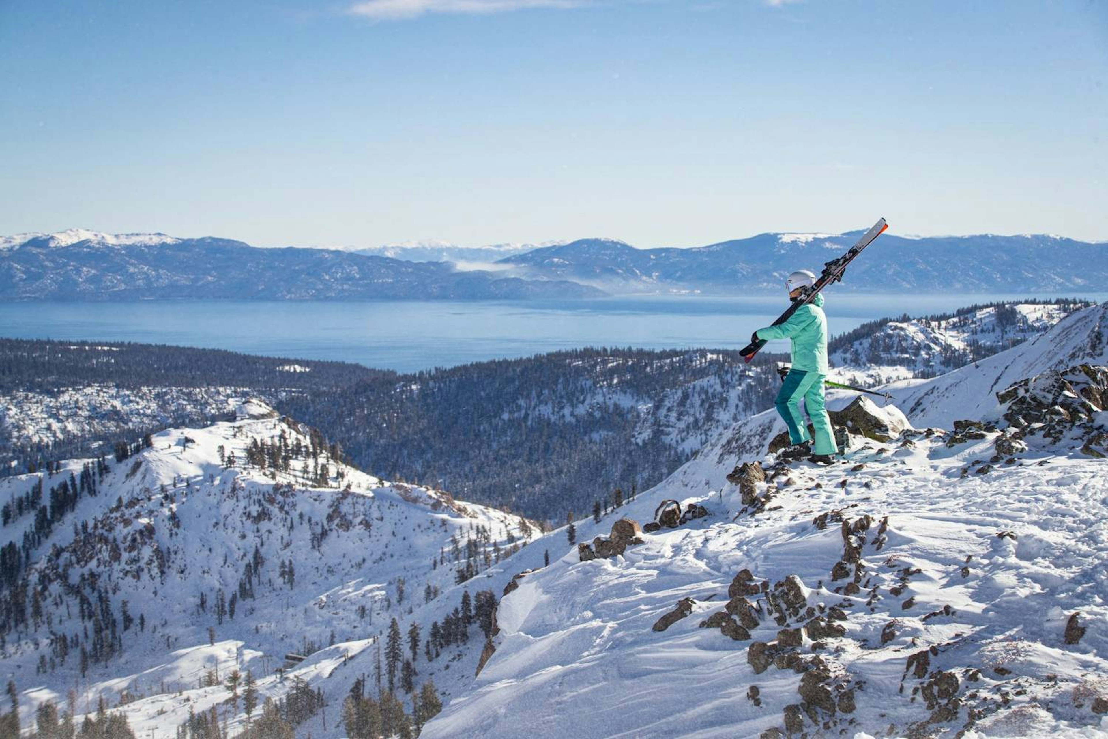 Skier at Palisades with a view of Lake Tahoe