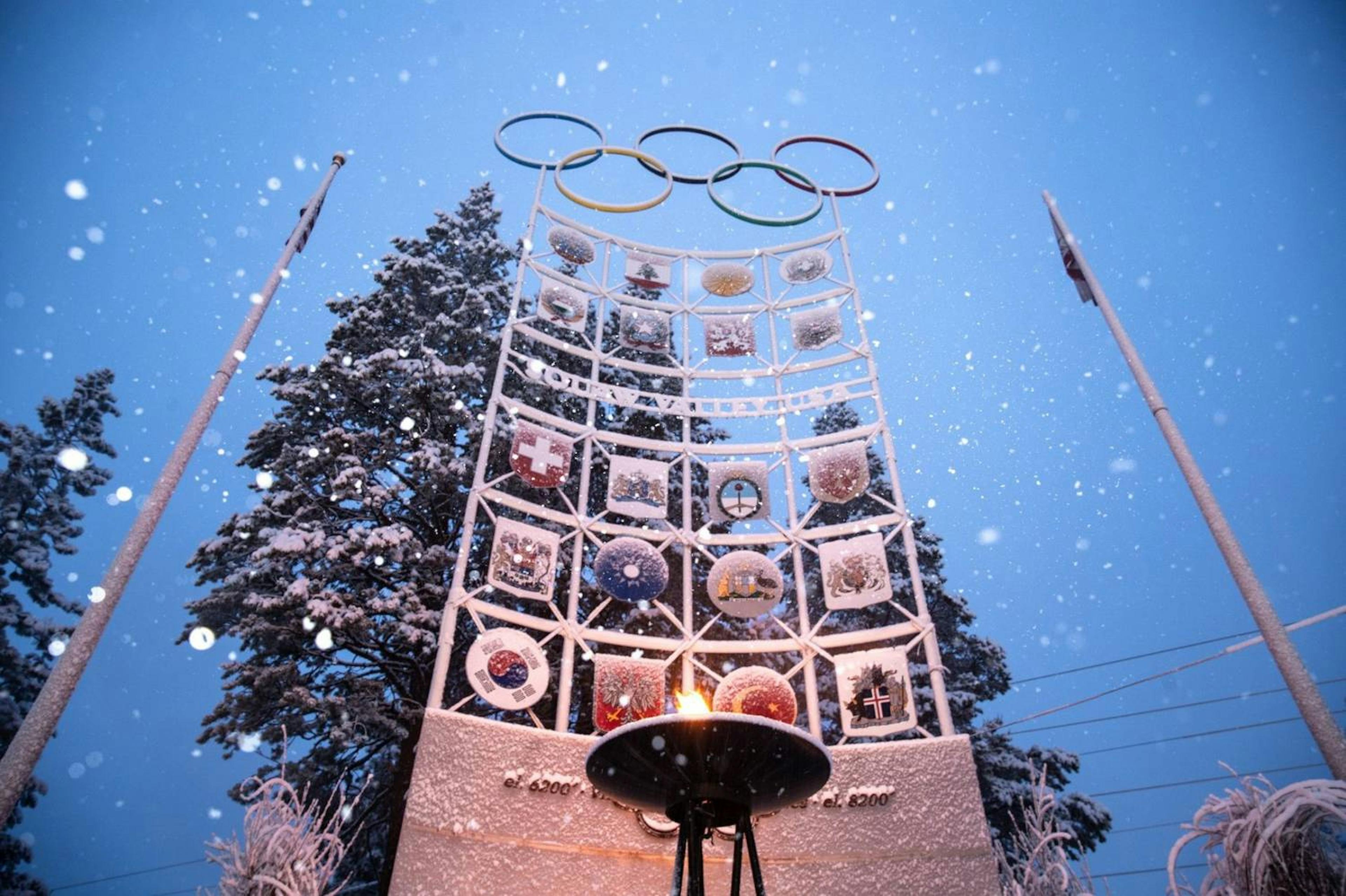 Olympic rings and cauldron at Palisades Tahoe