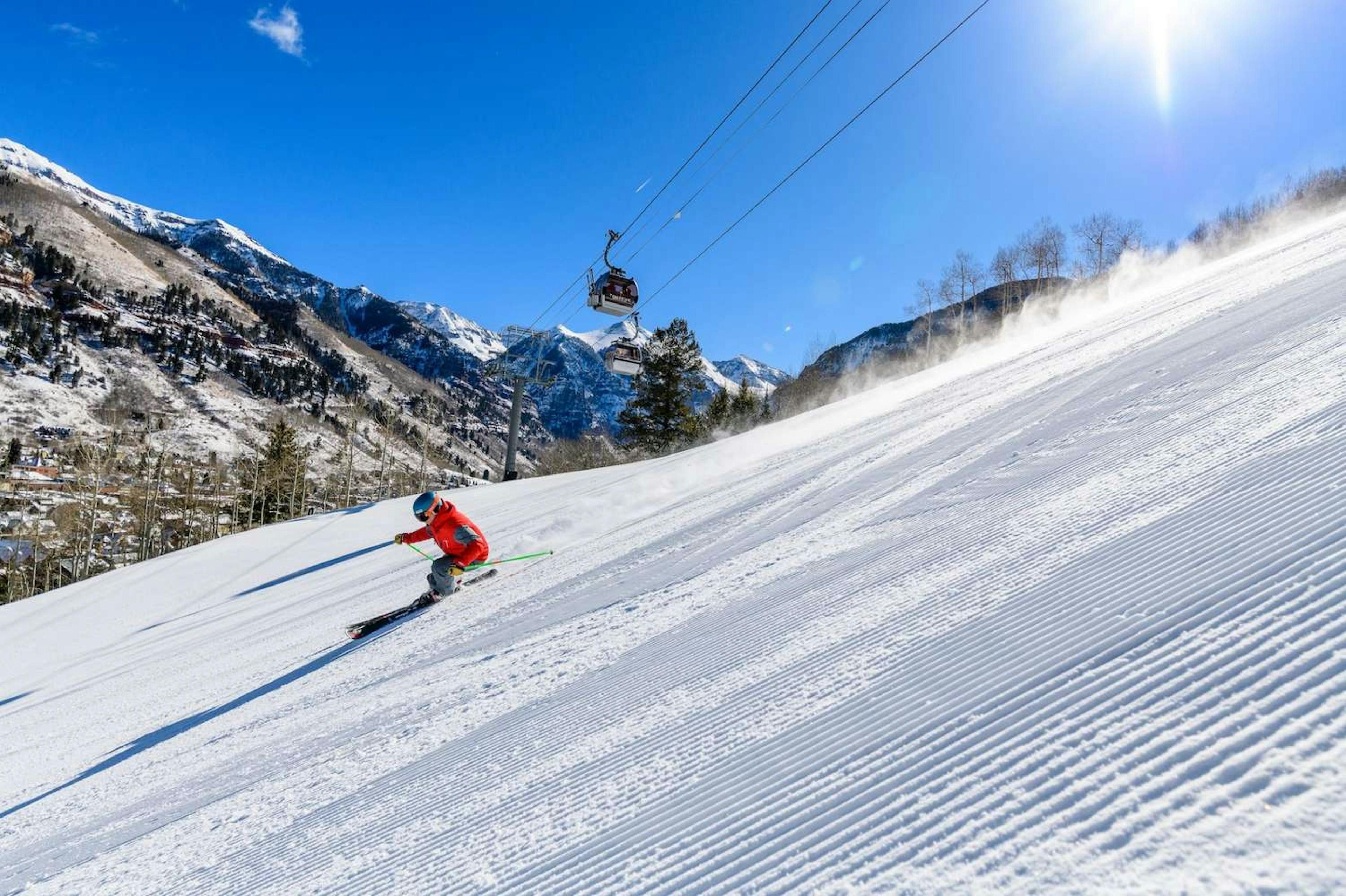 A skier skiing groomer at Telluride Ski Resort.