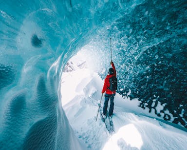 Skier in the ice glaciers of Chamonix Mont Blanc.