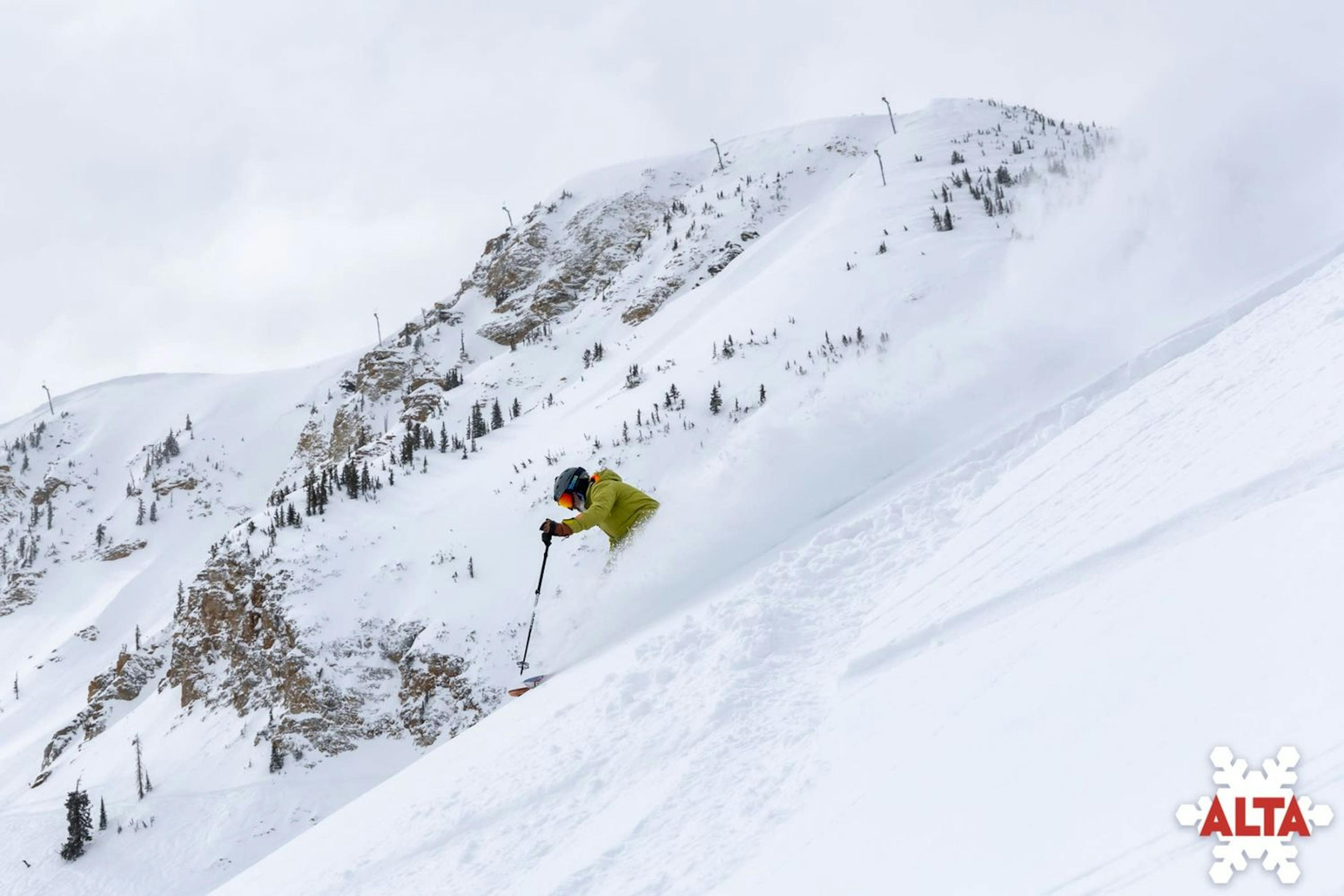 Skier slashing powder down a run at Alta.