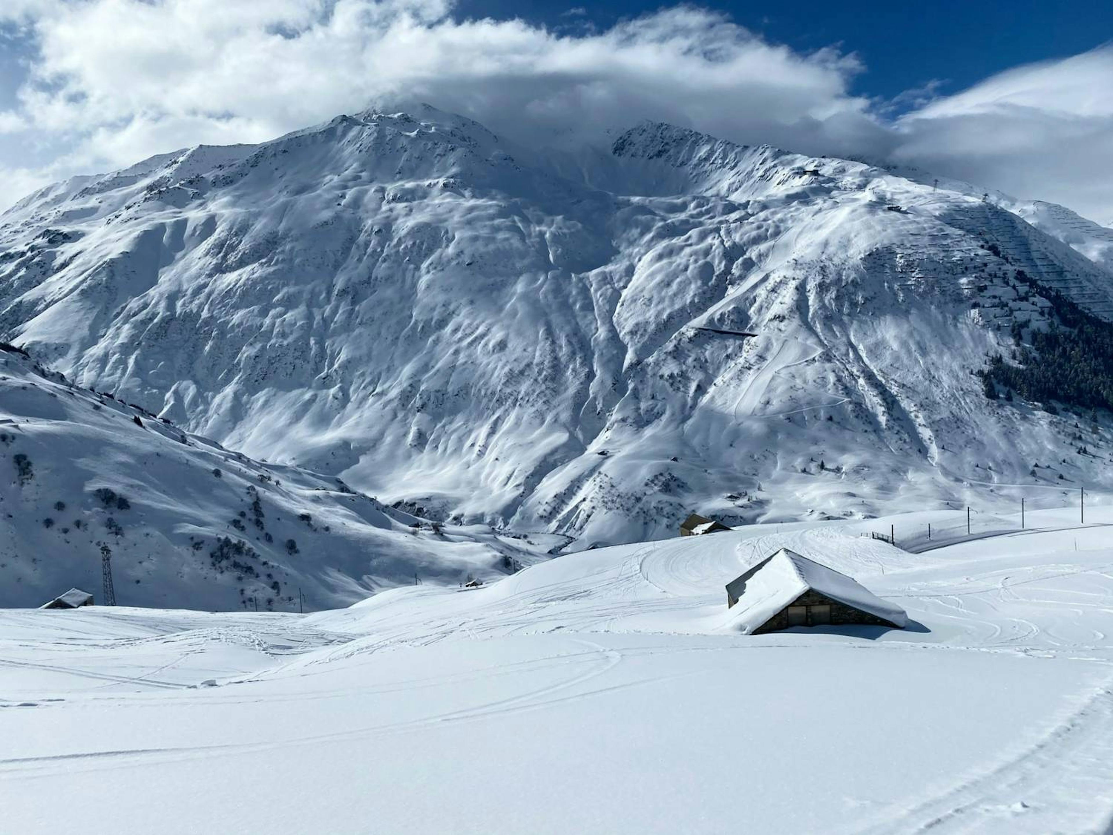 Snow covered cabin in Andermatt.