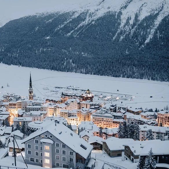 A lit up village at St. Moritz.