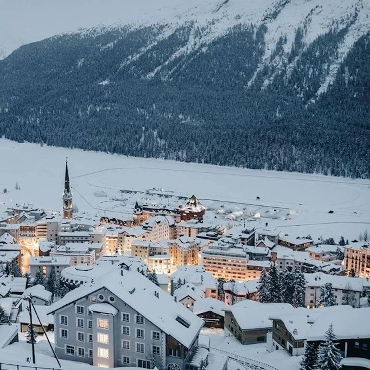 A lit up village at St. Moritz. 