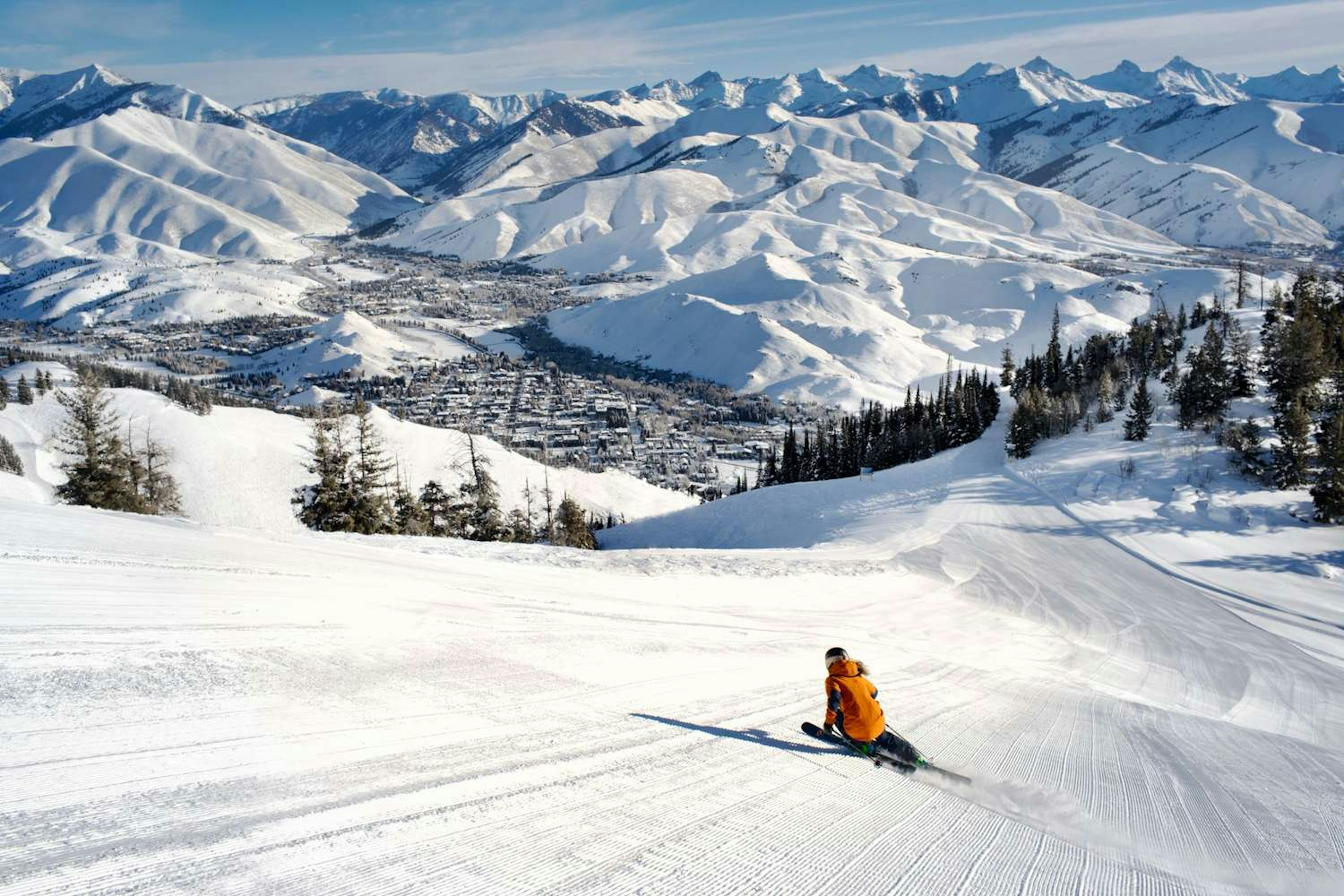 Skier on corduroy at an Idaho ski resort