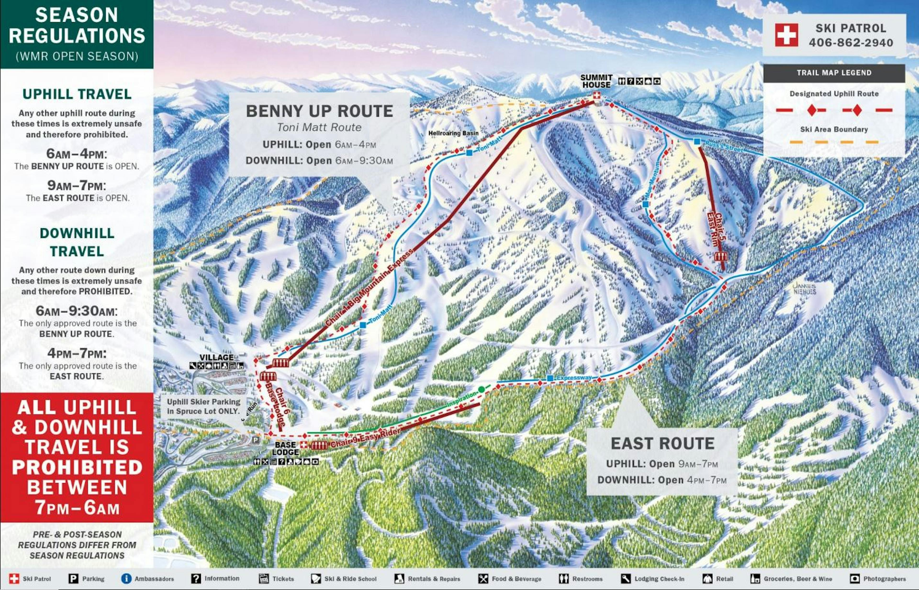 Trail Map with season regulations and hours at Whitefish Mountain Resort.