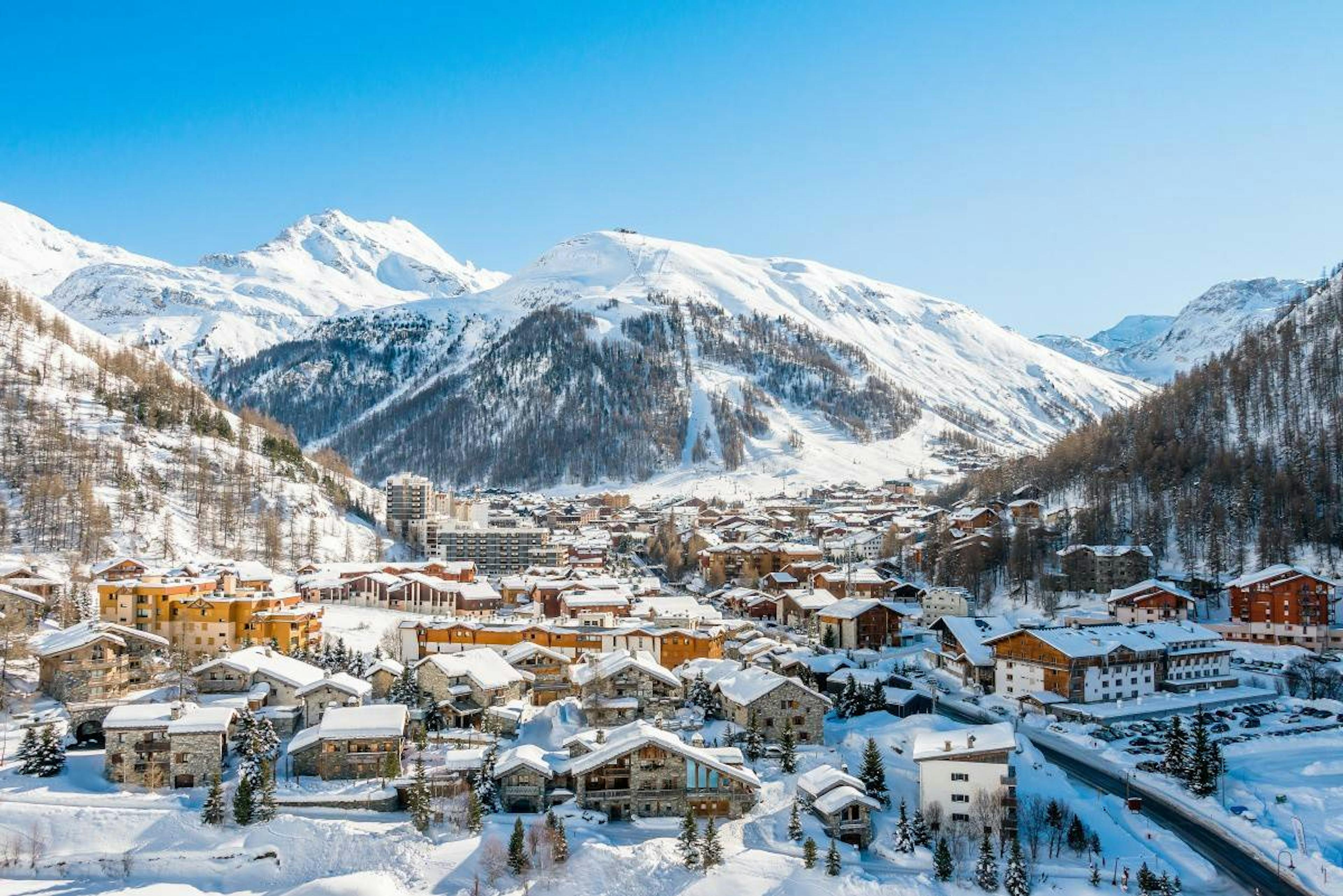 Overlooking a snowy town in Val d'Isère.