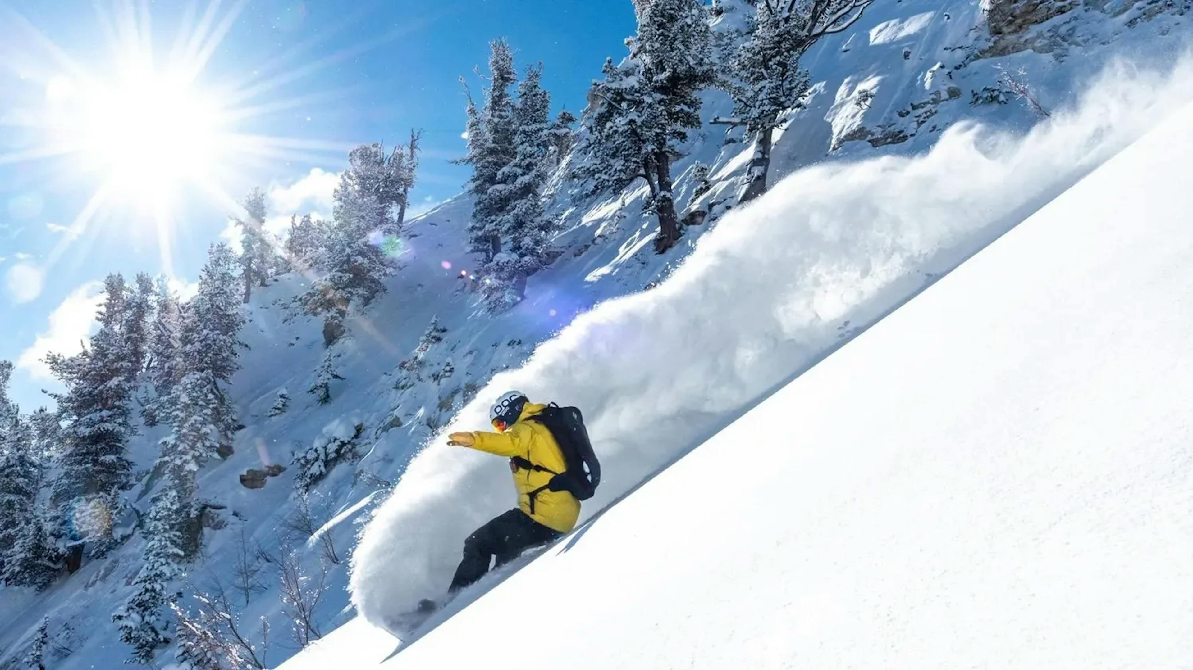 Snowboard slashes powder at Solitude. 