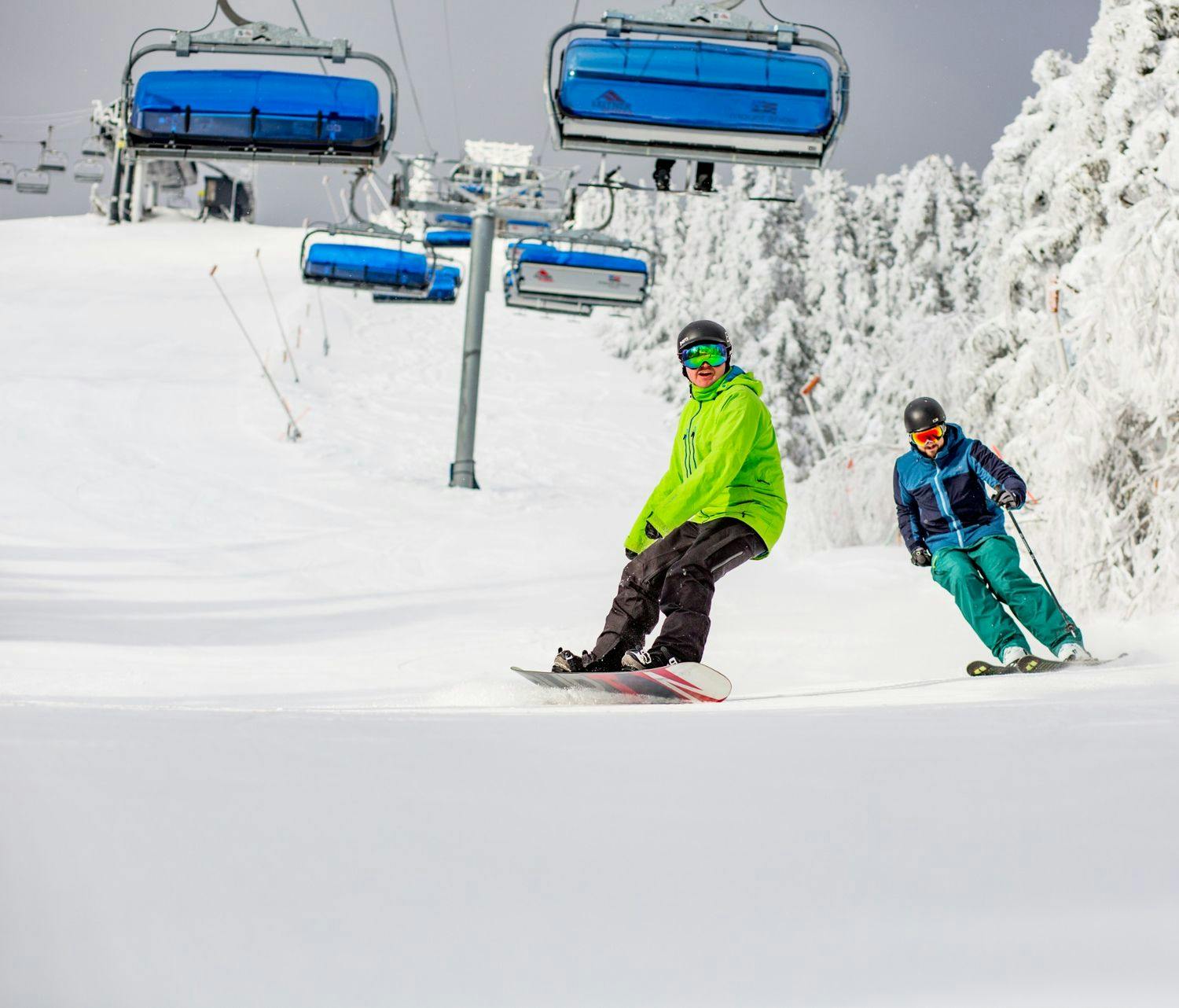 Riders under the Leitner-Poma bubble chairlift at Mount Snow.