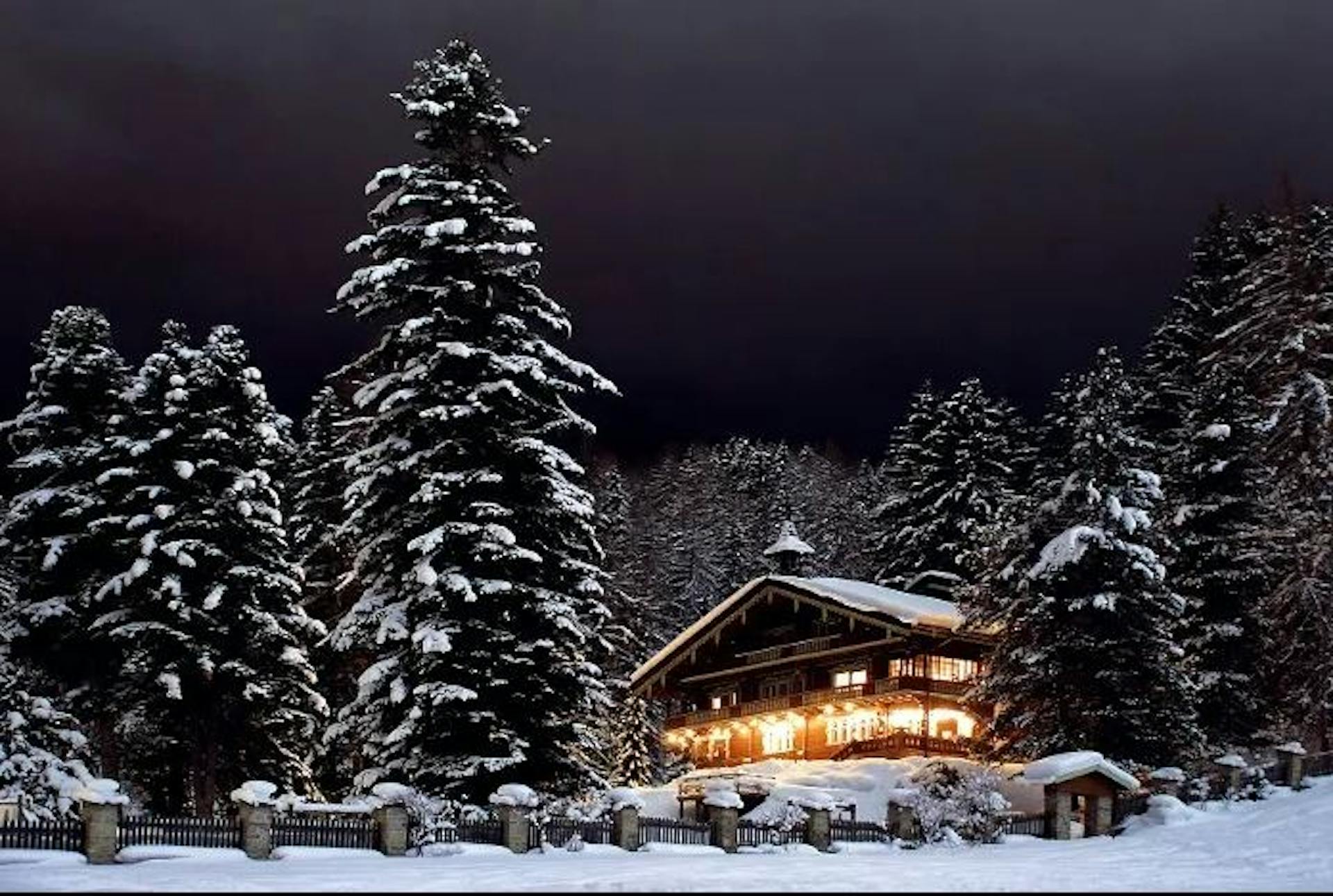 Snow-covered trees and chalet in St. Anton, Austria. 