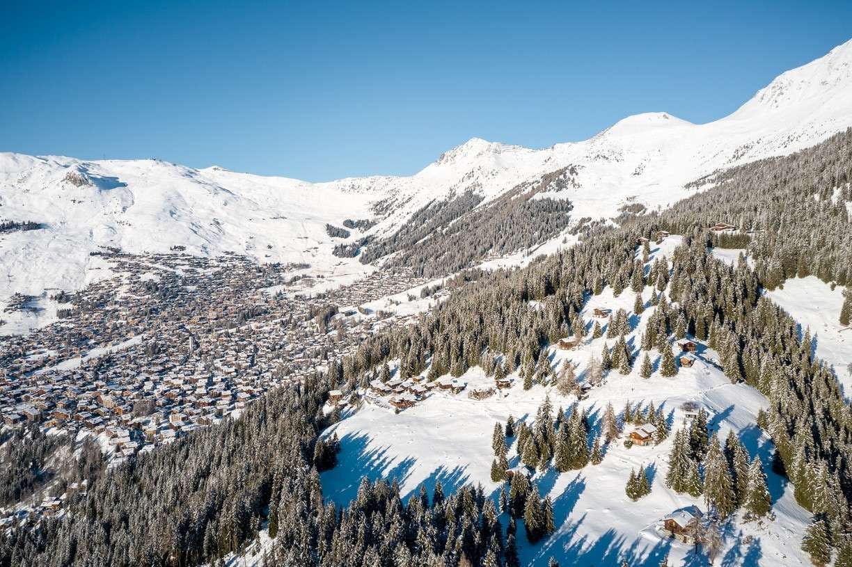 Village surrounded by mountains in Verbier.