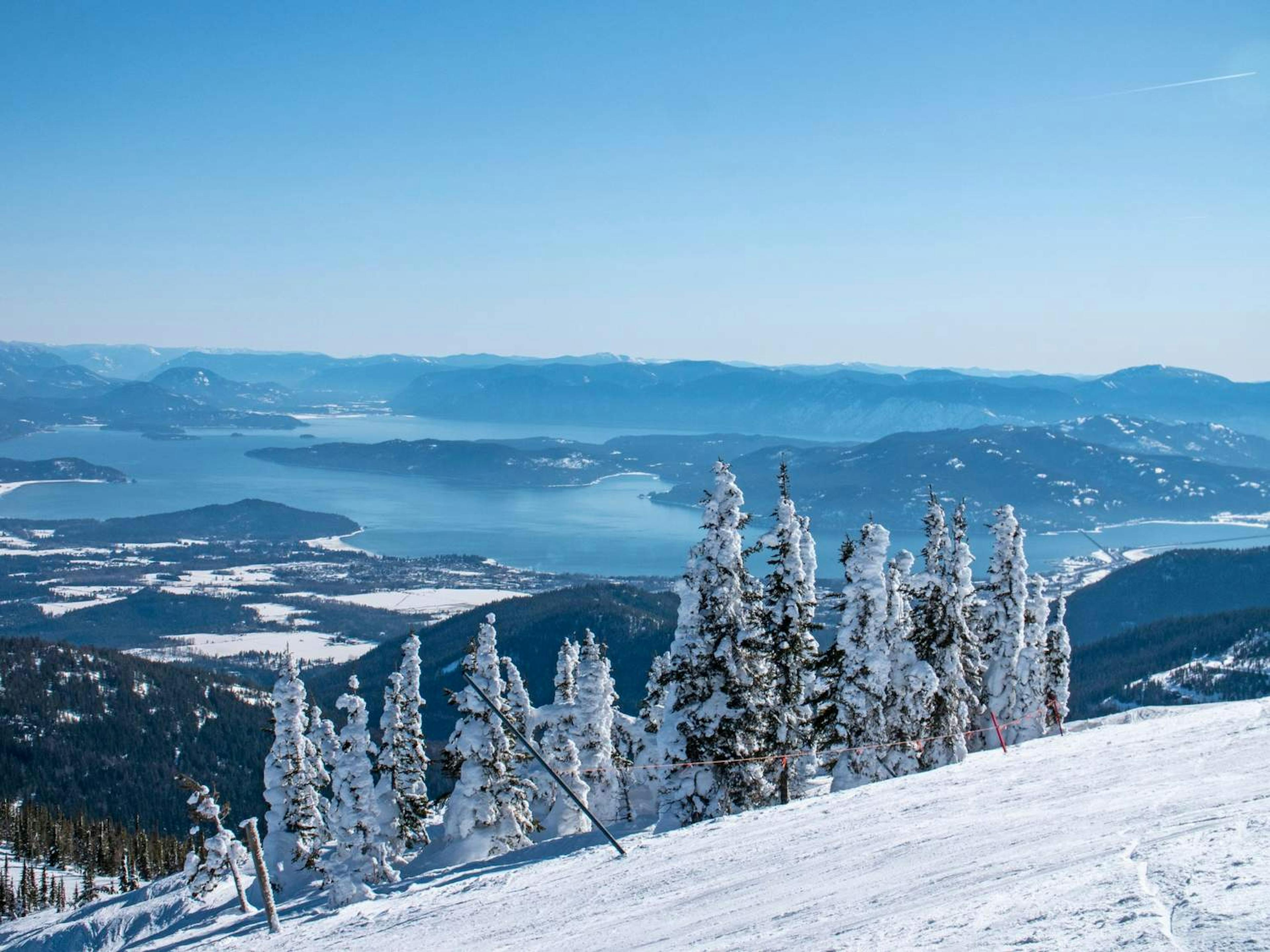 Snow covered trees with a view of the lake at Schweitzer Mountain Resort