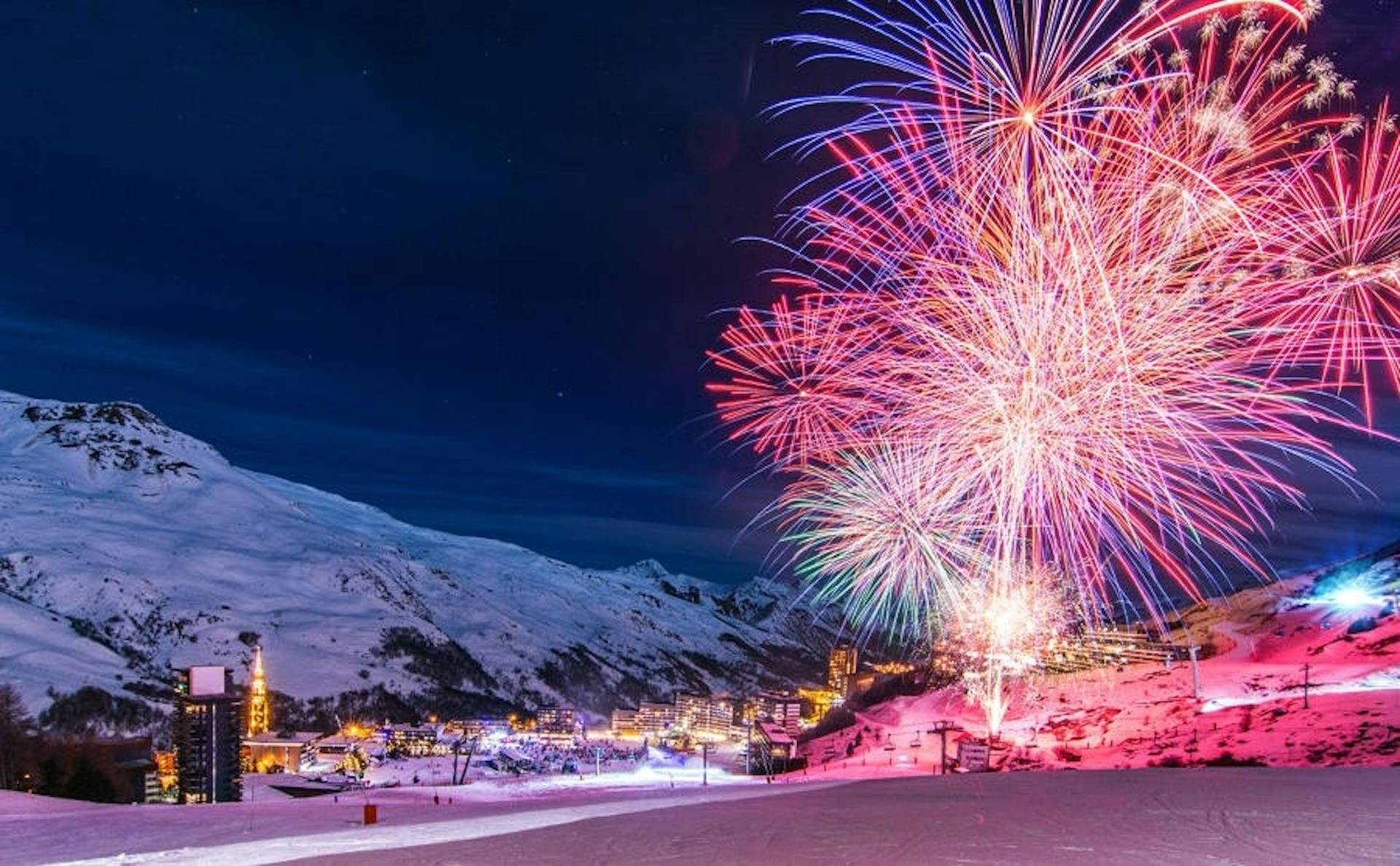 Nighttime celebration in Les Menuires village