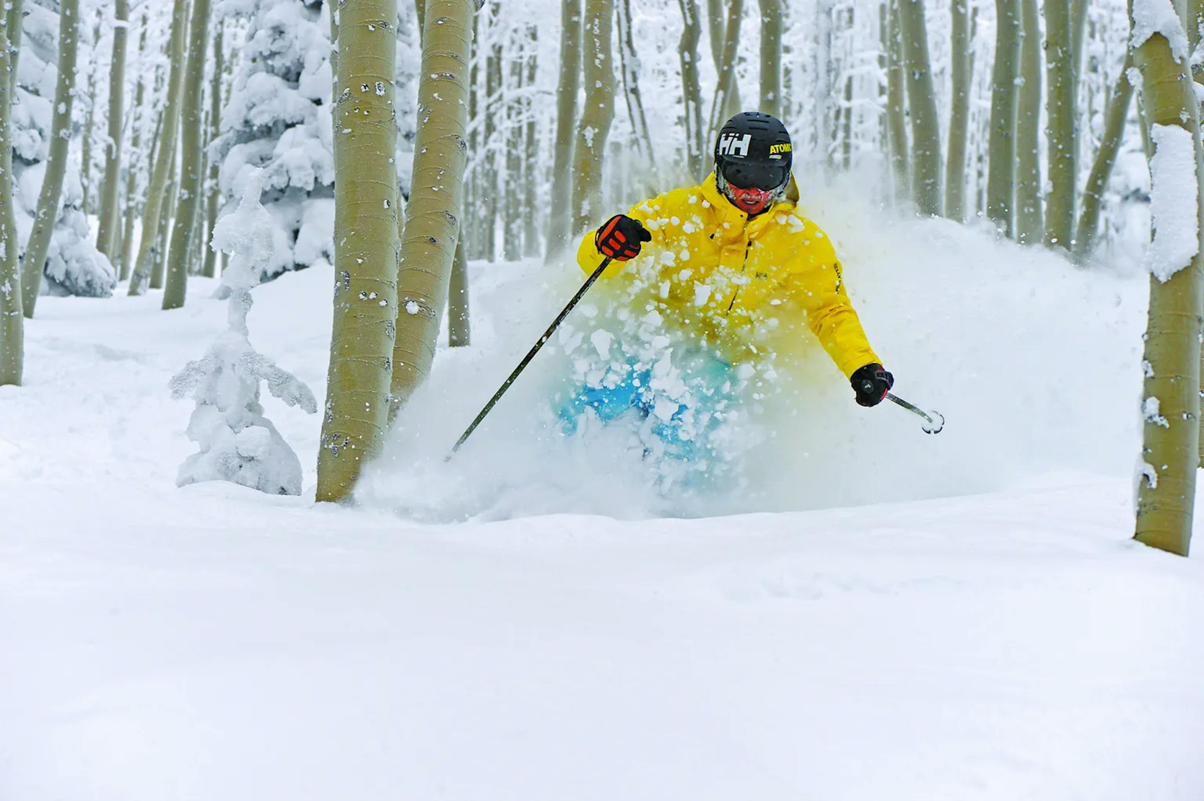 A skier skiing deep powder at an Ikon Pass resort.