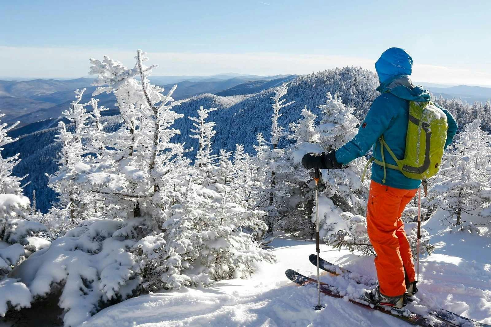 Skier in orange pants getting ready to drop into trees covered in fresh snow