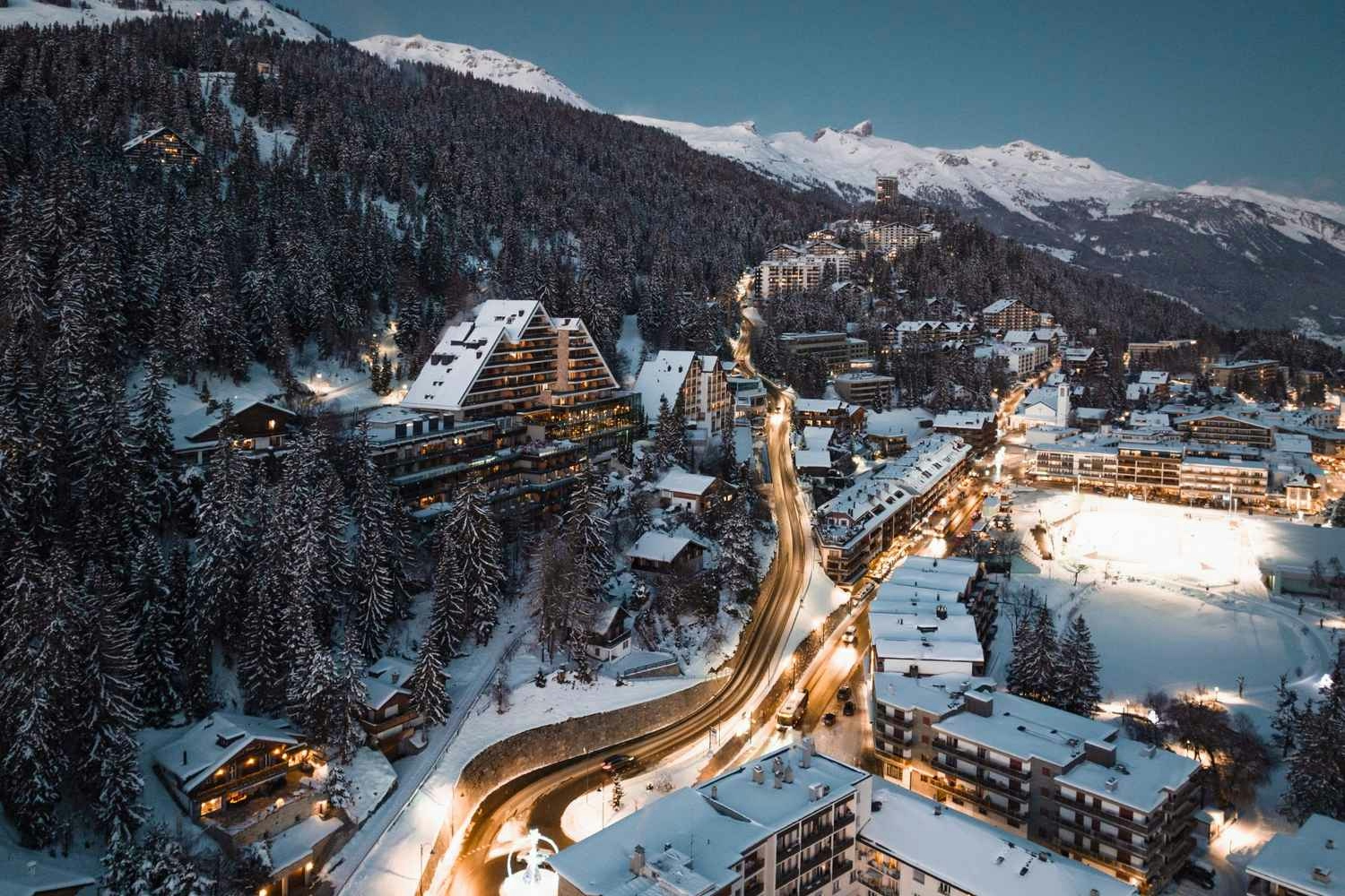 Aerial view of snow-covered Crans-Montana.