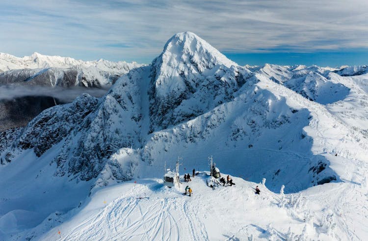Group of skiers at the top of Revelstoke ski runs