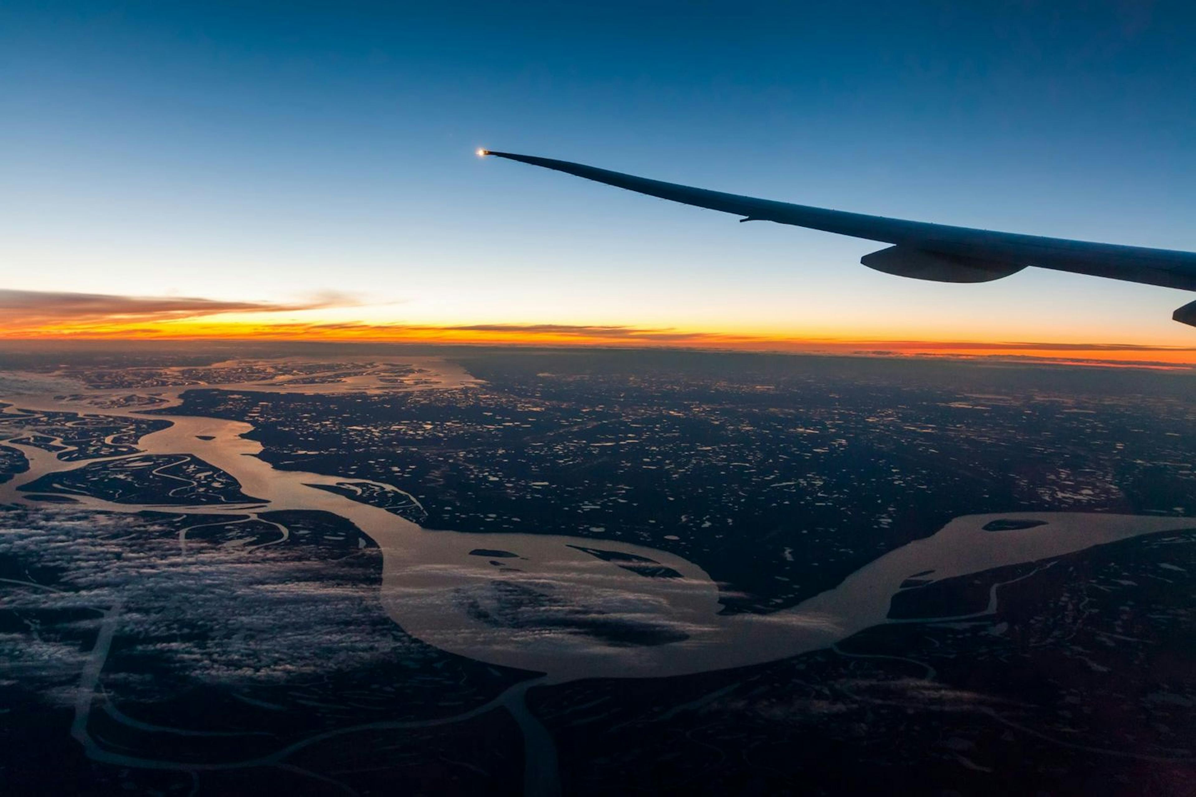 View from the airplane window on a beautiful landscape.