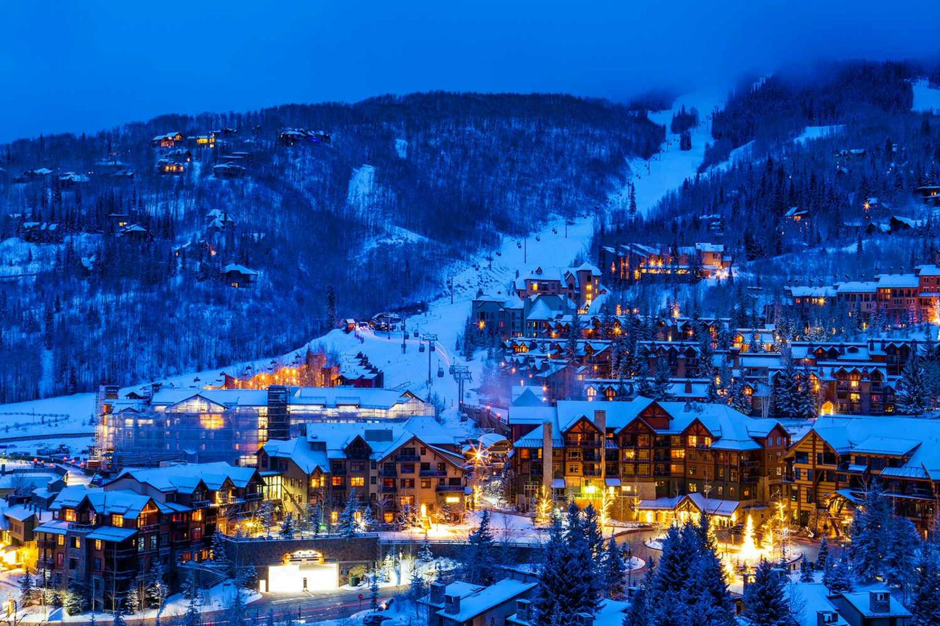 A cozy mountain town Snowmass blanketed in snow