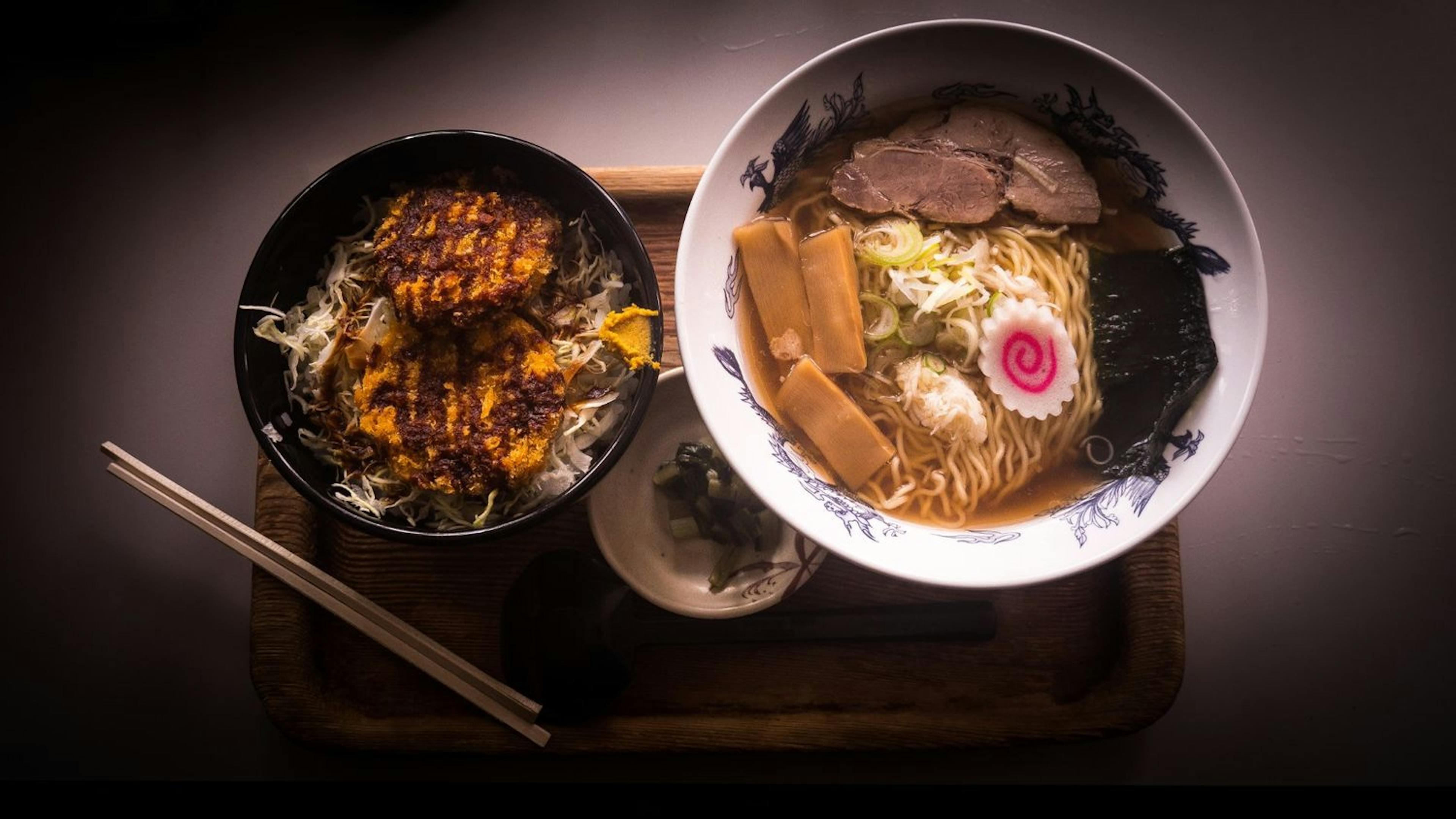 Two steaming bowls of Hakuba ramen