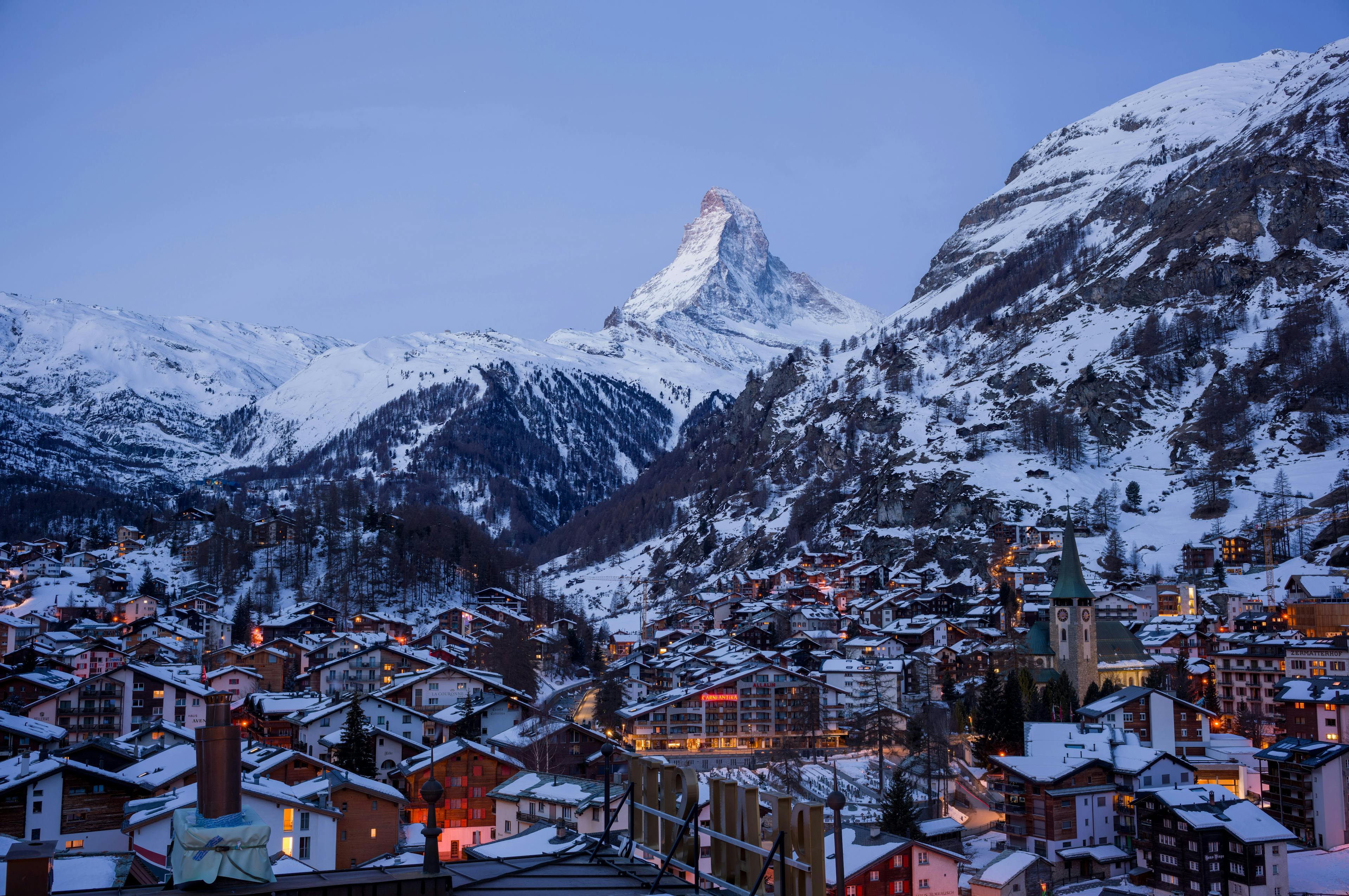 Aerial shot of Zermatt in the early evening in Austria.