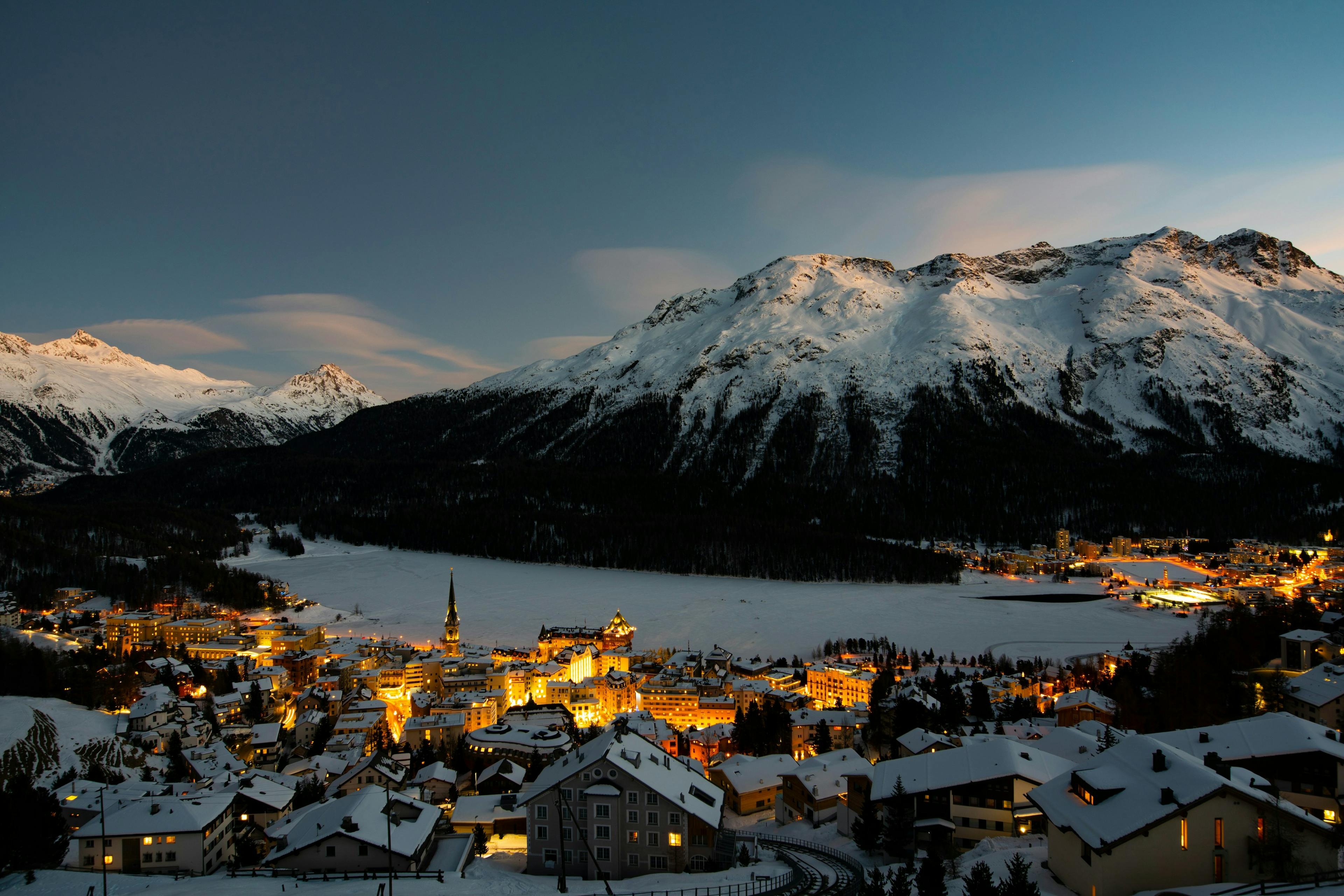 Aerial view of St. Moritz at dusk in Switzerland.