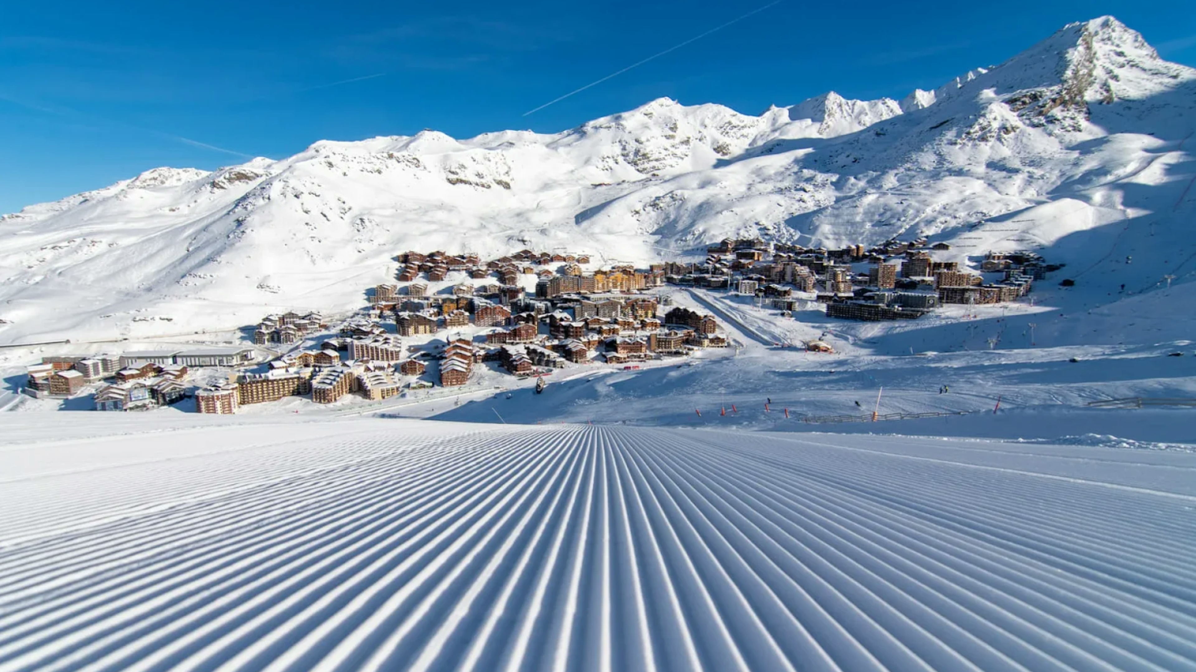 fresh corduroy at val thorens ski resort in the 3 valleys of France

