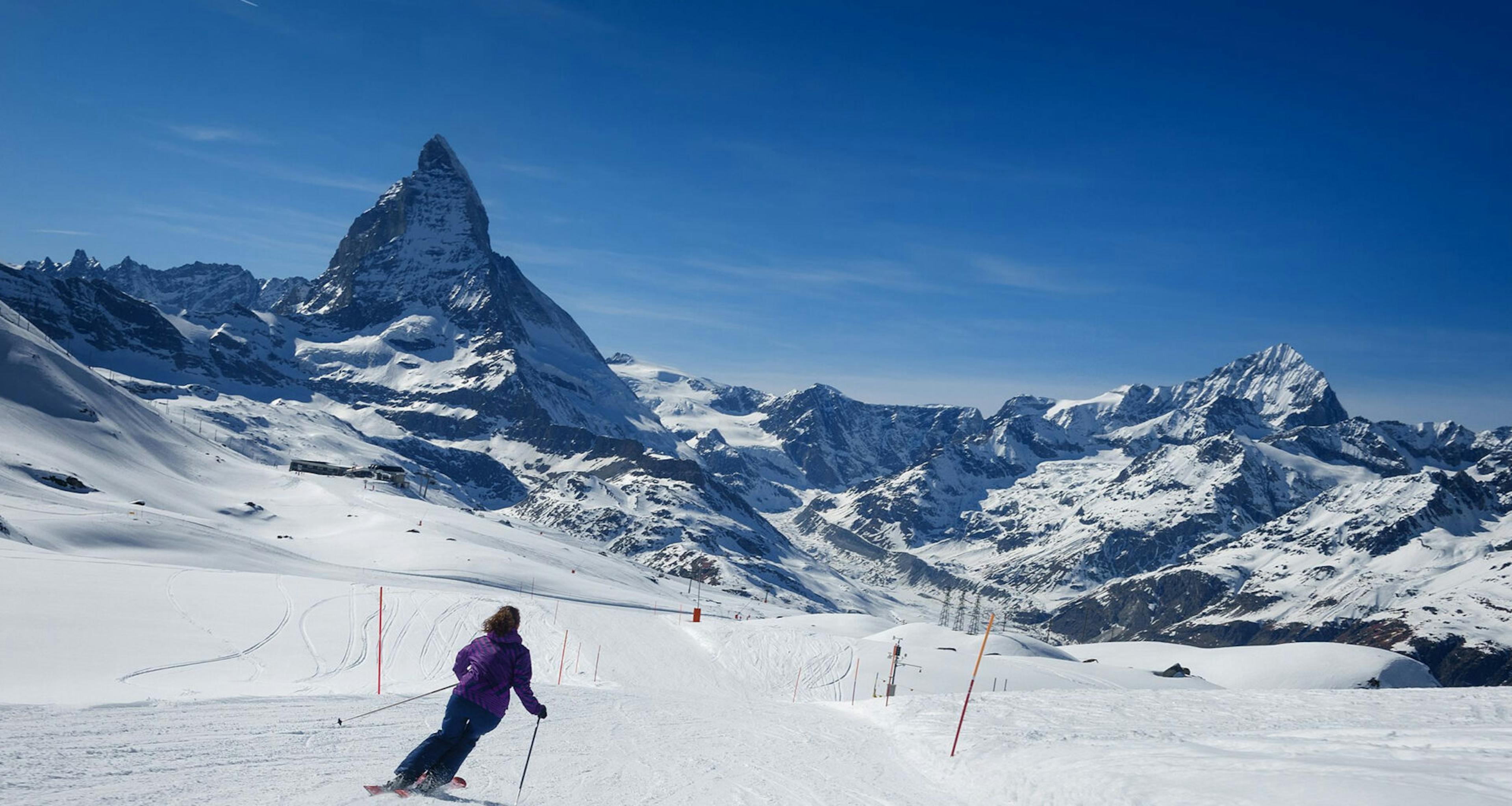 Skier skiing the slopes in Cervinia, Italy